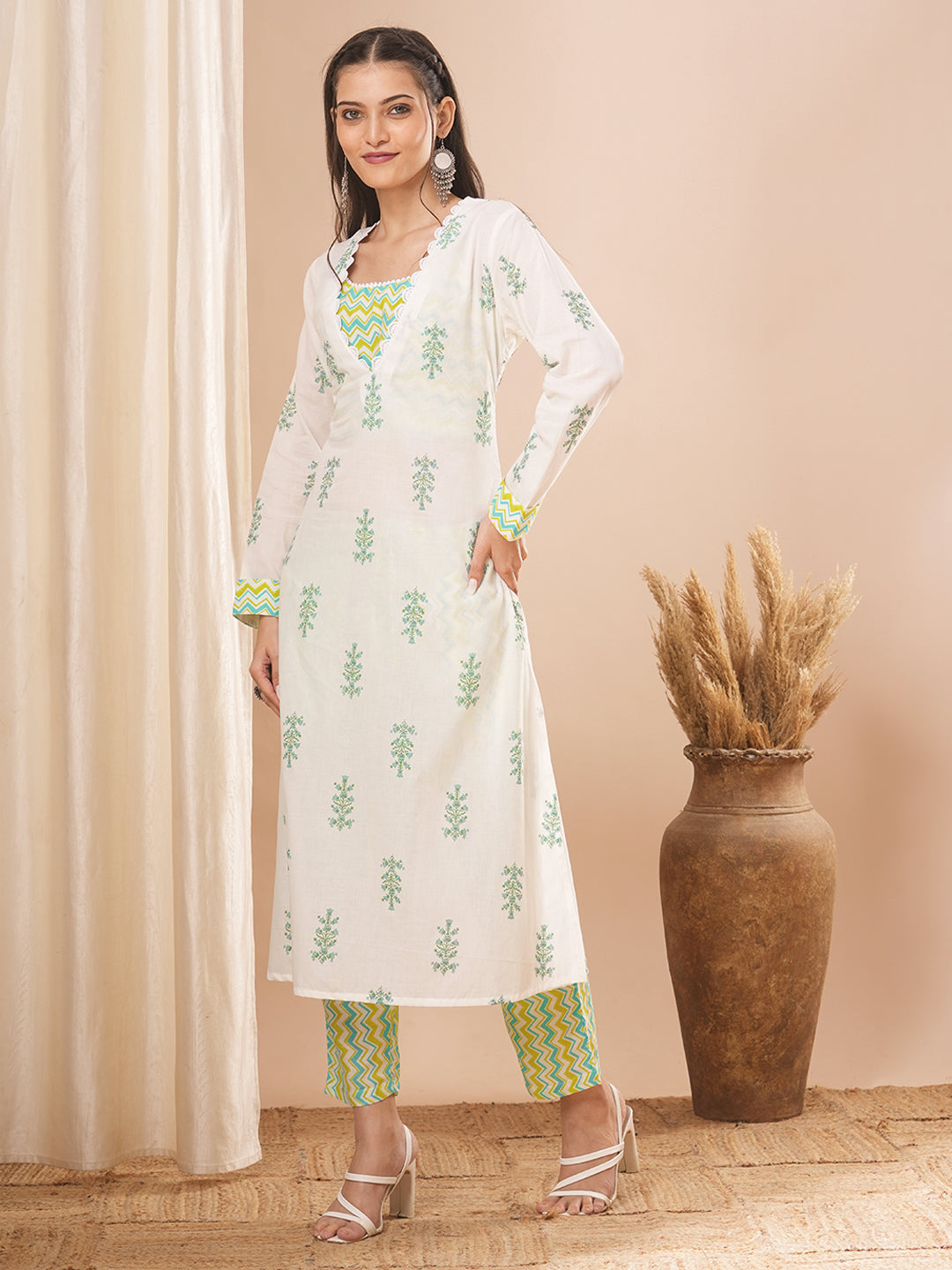 Ethnic Floral Printed A-Line Kurta with Top and Printed Palazzo - White