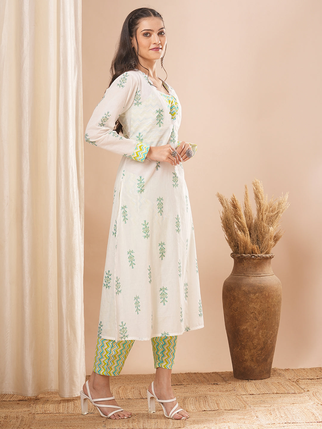Ethnic Floral Printed A-Line Kurta with Top and Printed Palazzo - White