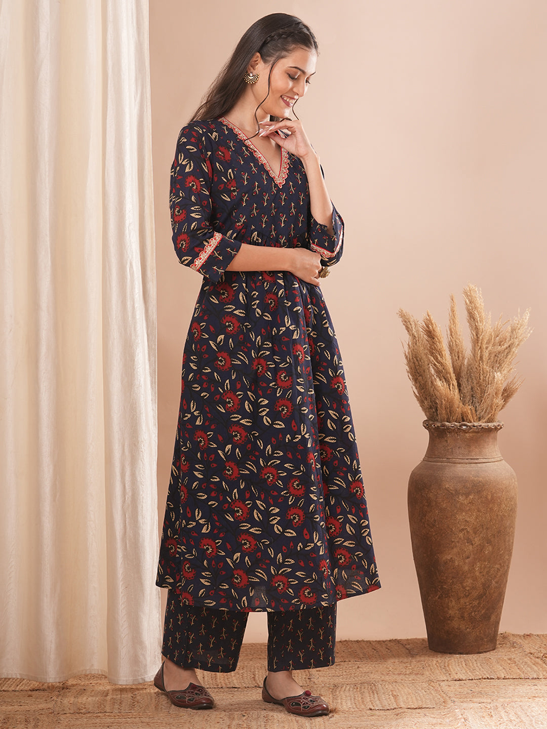 Ethnic Floral Printed Embroidered A-Line Kurta with Palazzo - Blue