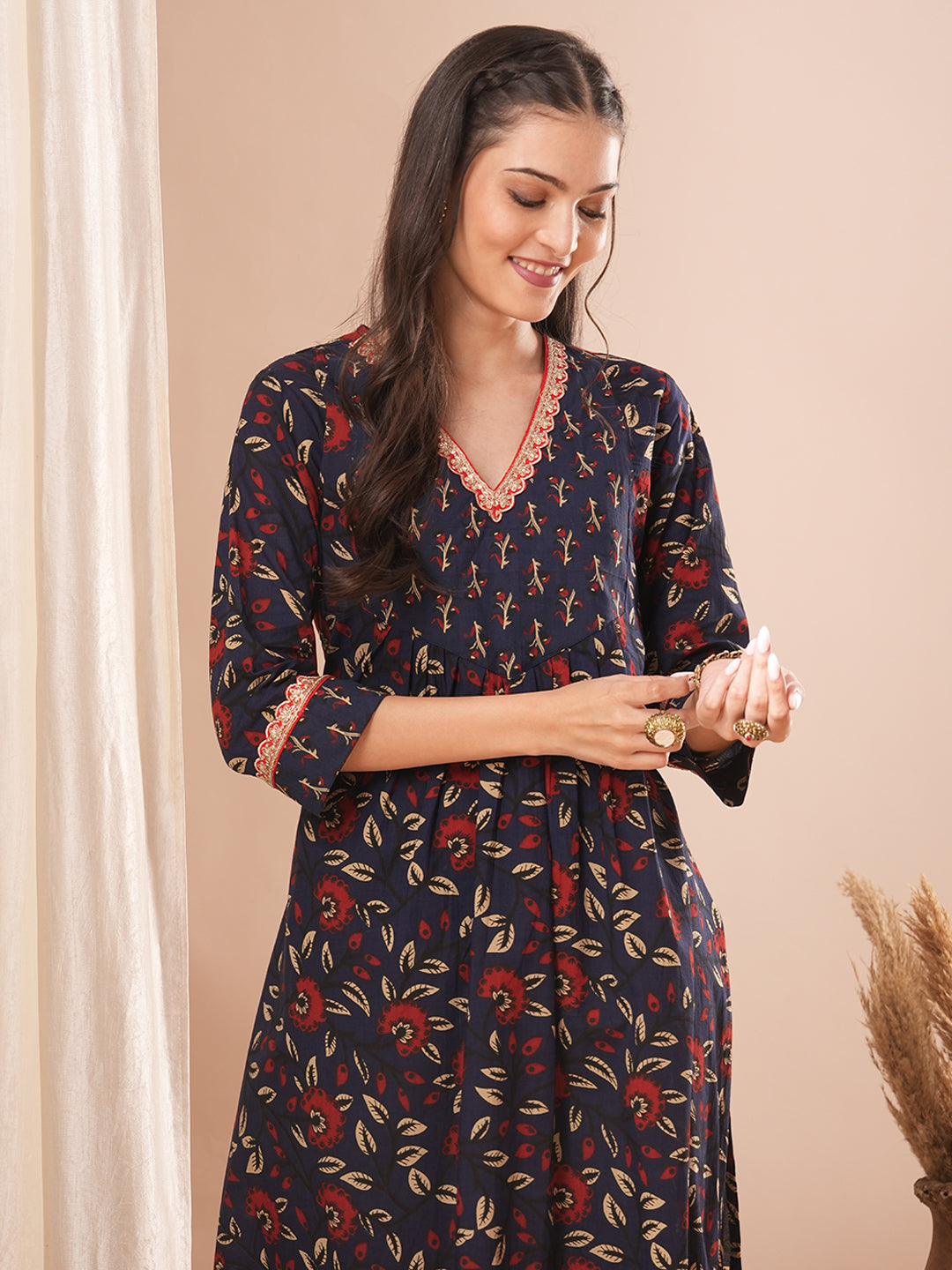 Ethnic Floral Printed Embroidered A-Line Kurta with Palazzo - Blue