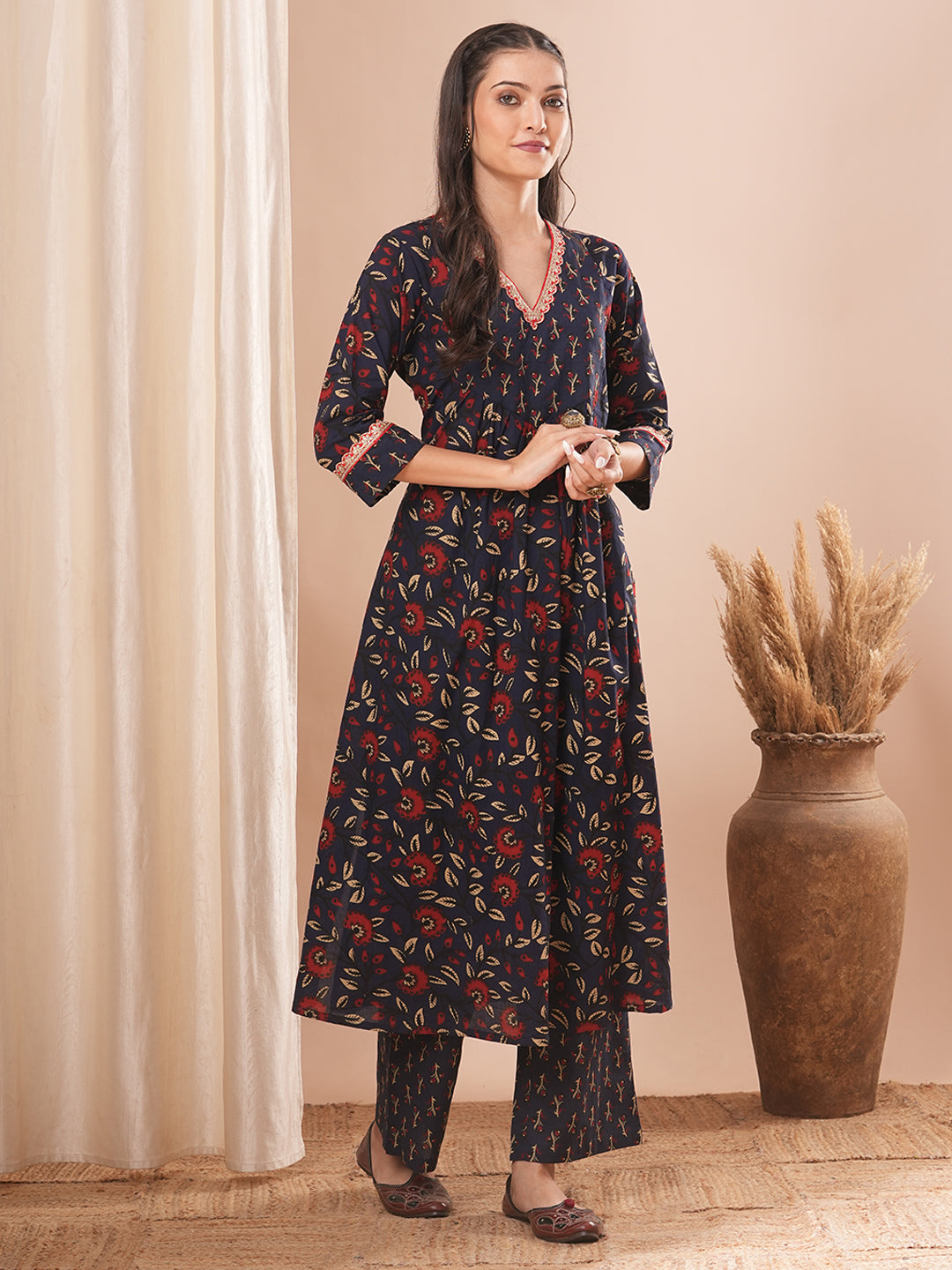 Ethnic Floral Printed Embroidered A-Line Kurta with Palazzo - Blue