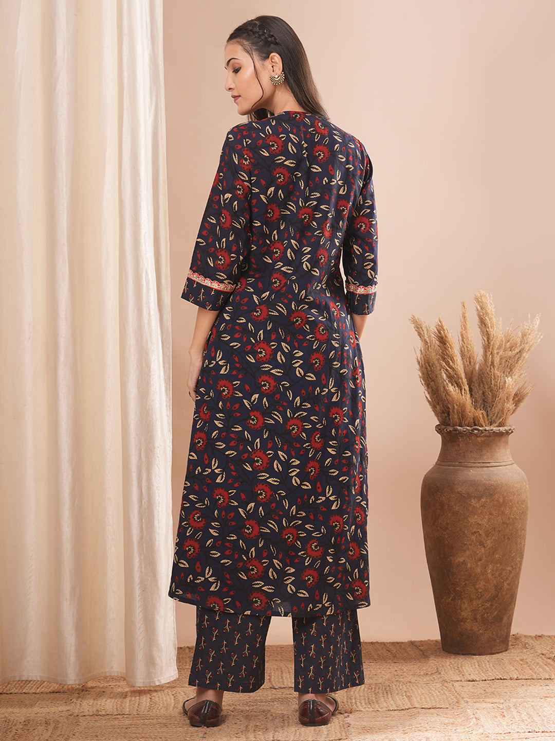 Ethnic Floral Printed Embroidered A-Line Kurta with Palazzo - Blue