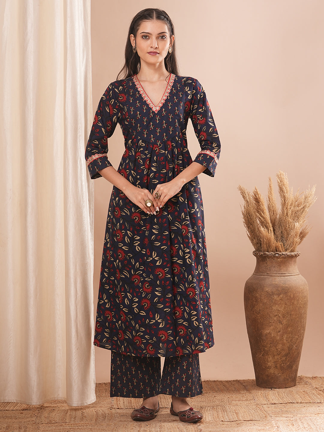 Ethnic Floral Printed Embroidered A-Line Kurta with Palazzo - Blue
