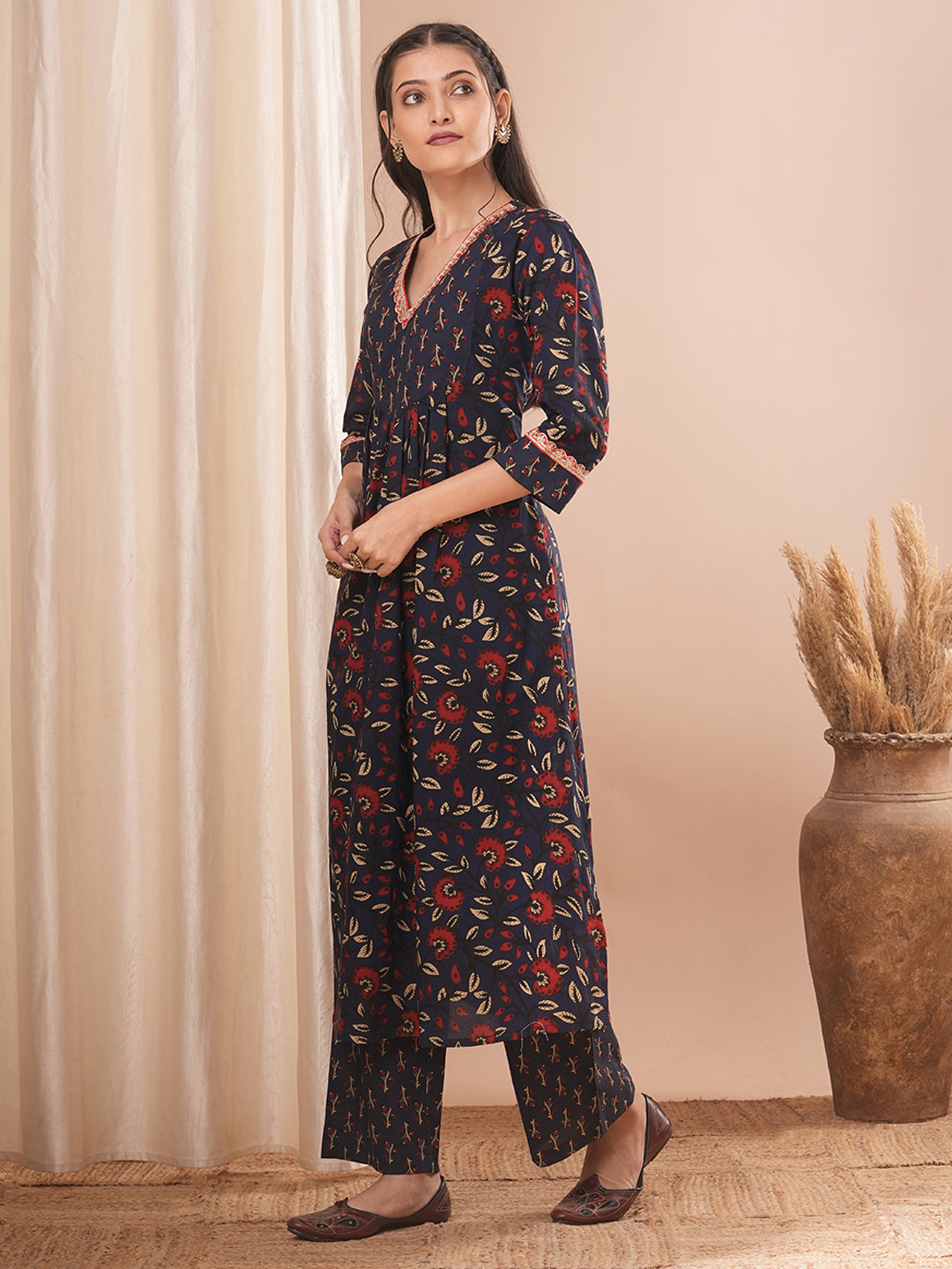 Ethnic Floral Printed Embroidered A-Line Kurta with Palazzo - Blue