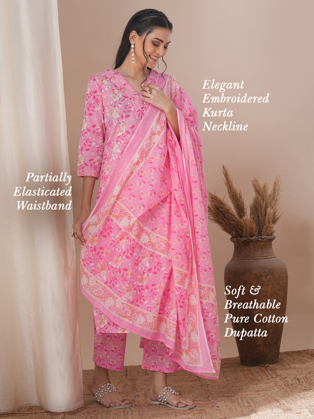 Ethnic Floral Printed Straight Fit Kurta with Pant and Dupatta - Pink
