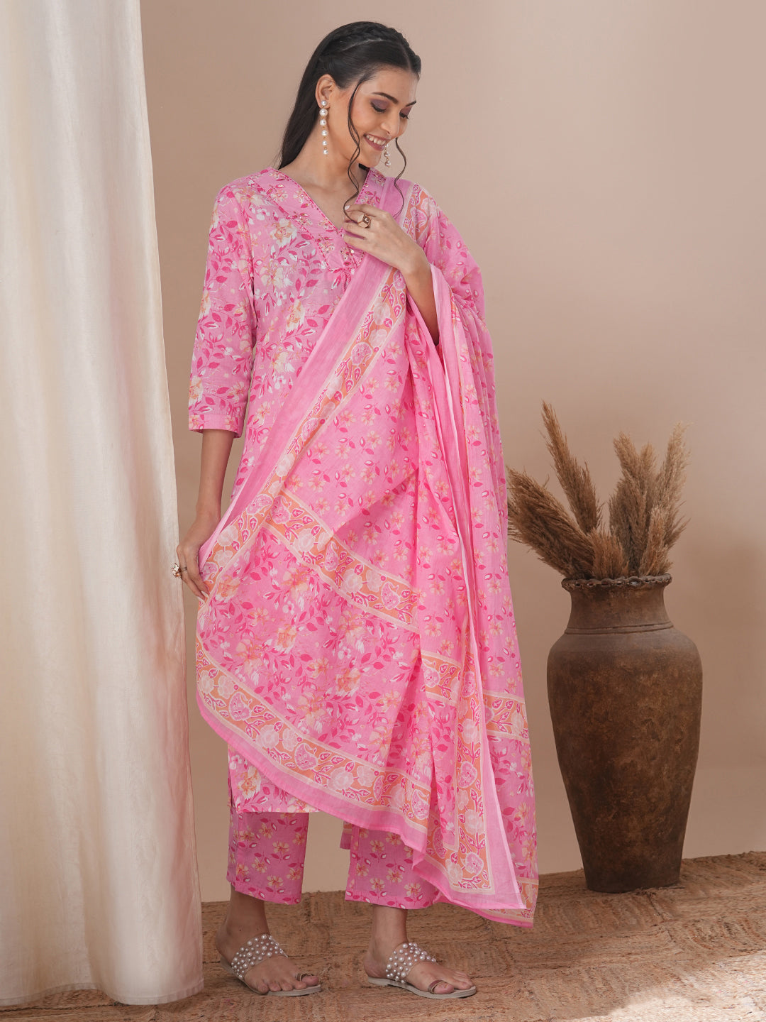 Ethnic Floral Printed Straight Fit Kurta with Pant and Dupatta - Pink