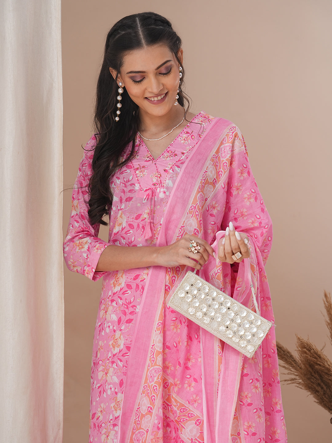 Ethnic Floral Printed Straight Fit Kurta with Pant and Dupatta - Pink