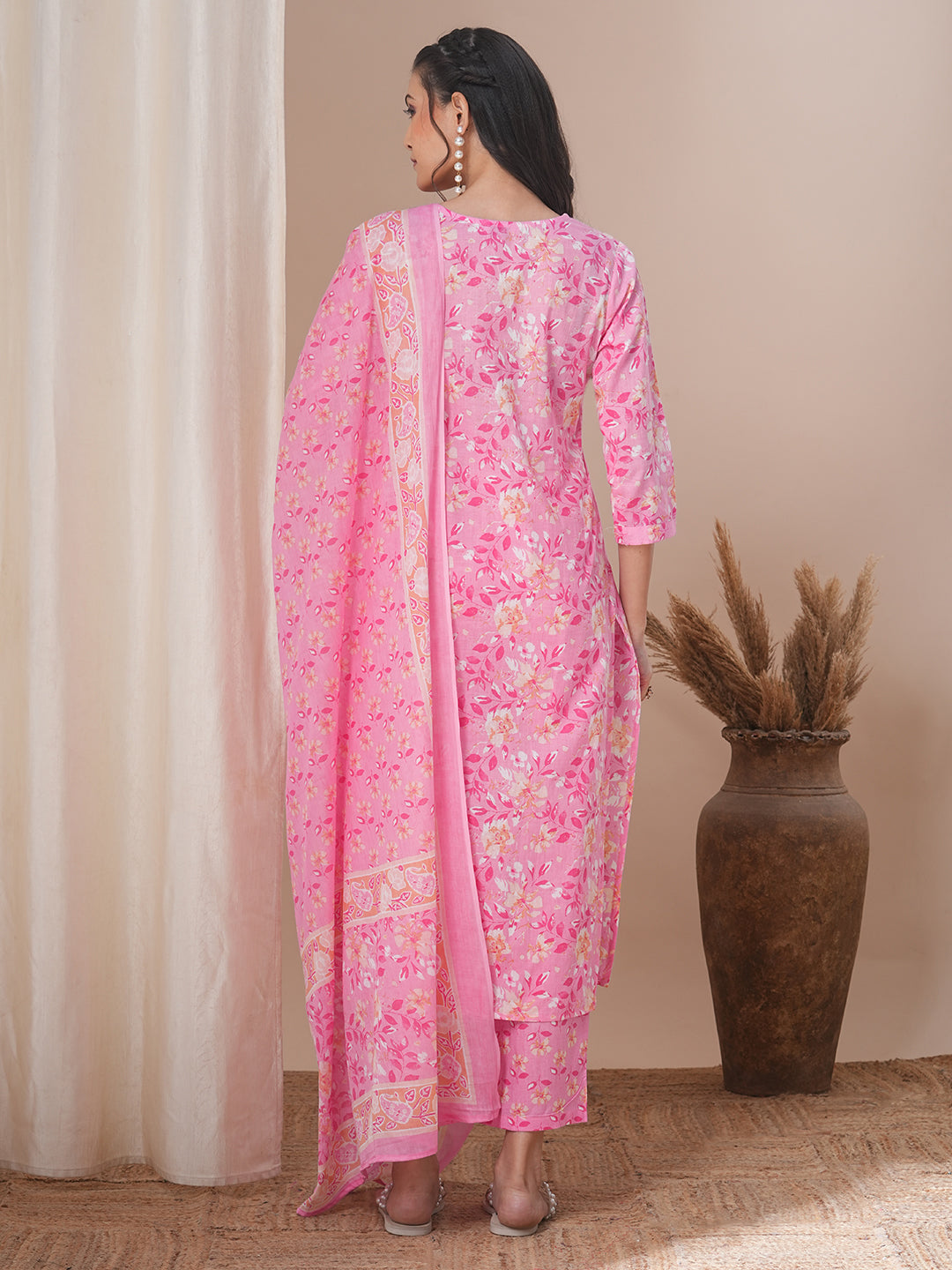 Ethnic Floral Printed Straight Fit Kurta with Pant and Dupatta - Pink