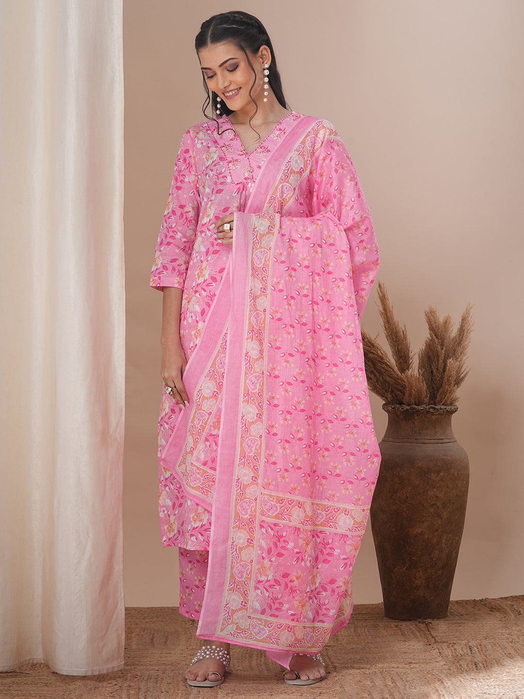 Ethnic Floral Printed Straight Fit Kurta with Pant and Dupatta - Pink