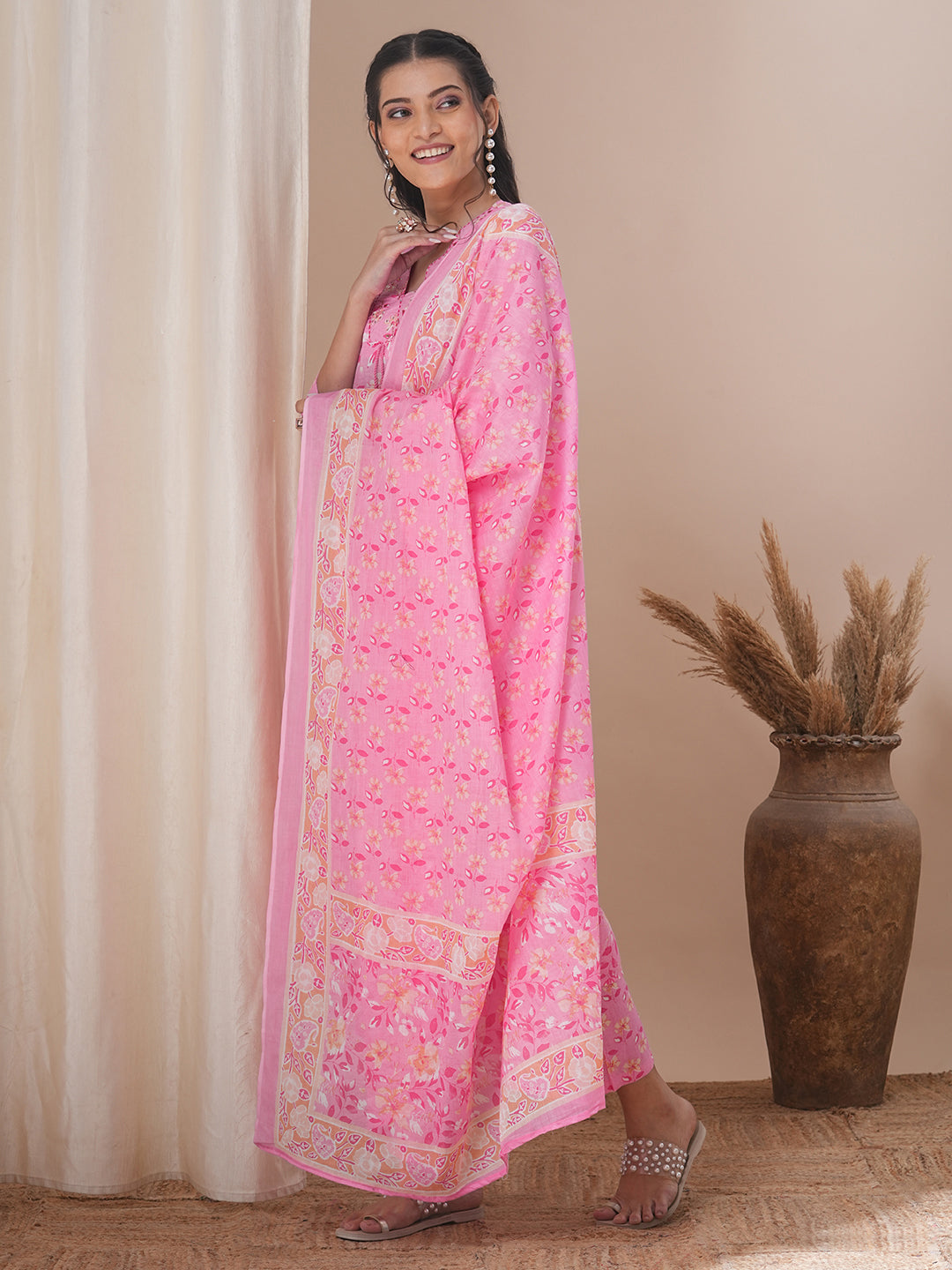 Ethnic Floral Printed Straight Fit Kurta with Pant and Dupatta - Pink