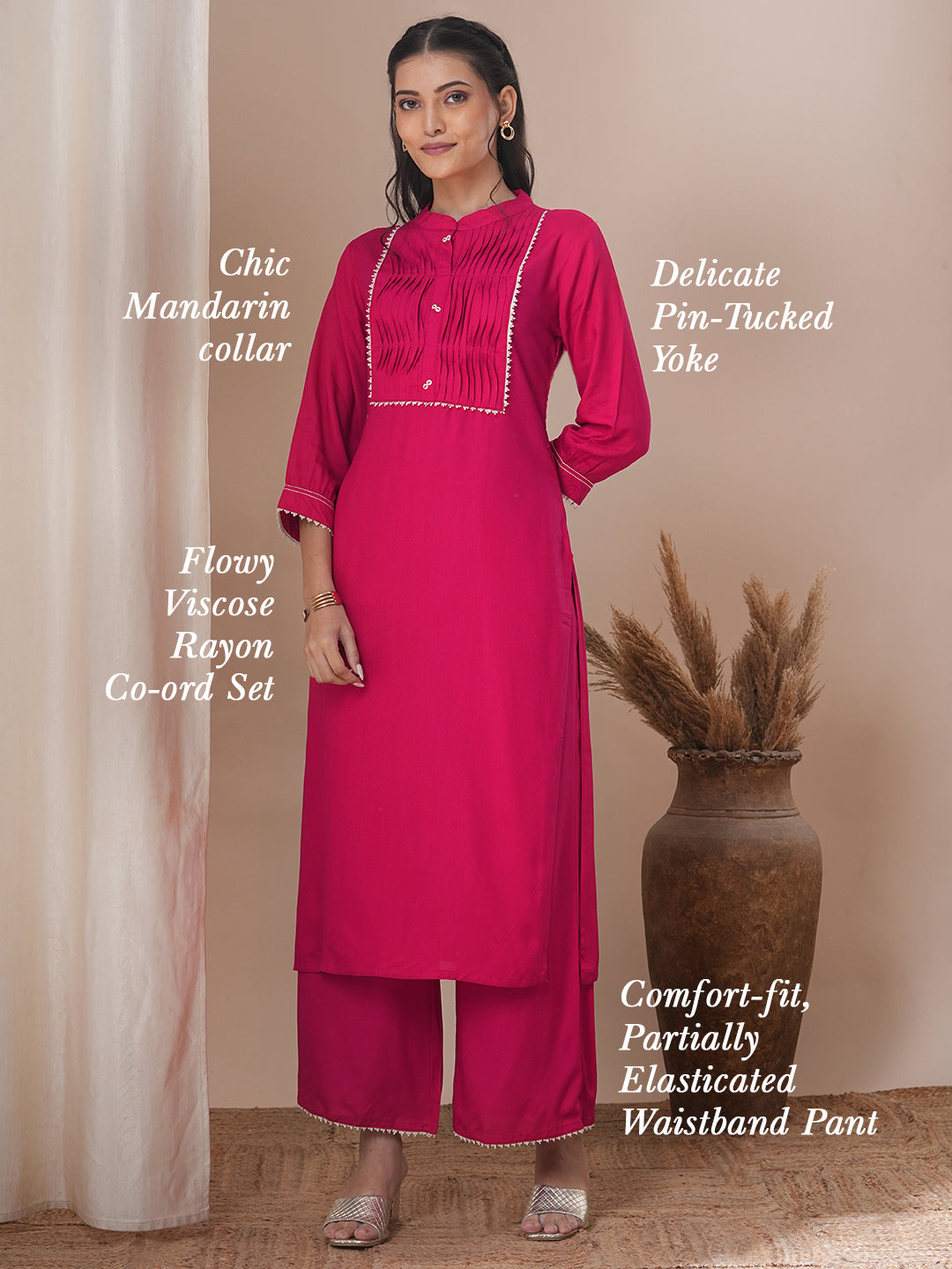 Solid Pin Tucked Straight Fit Co-ord Set - Pink