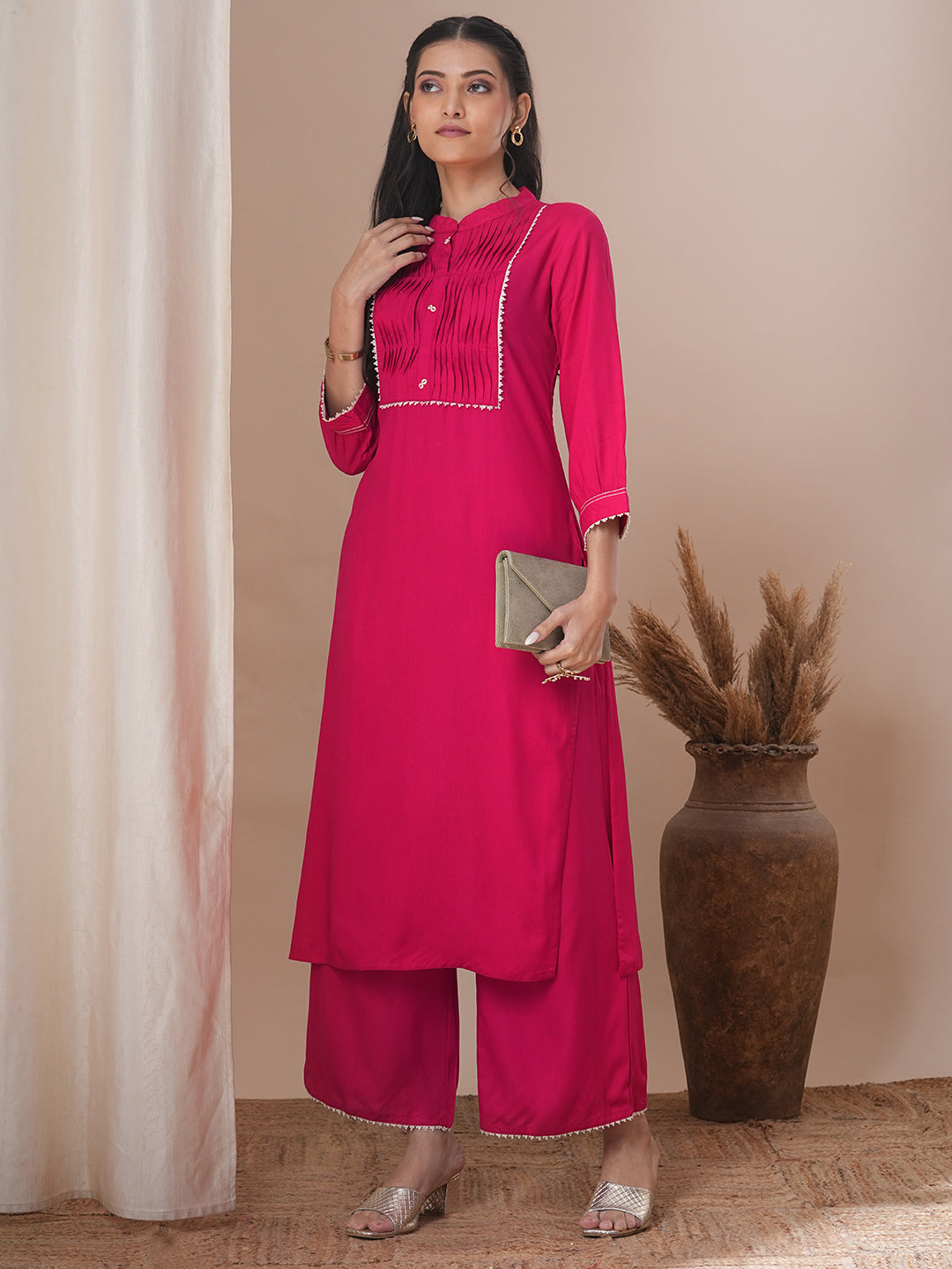 Solid Pin Tucked Straight Fit Co-ord Set - Pink