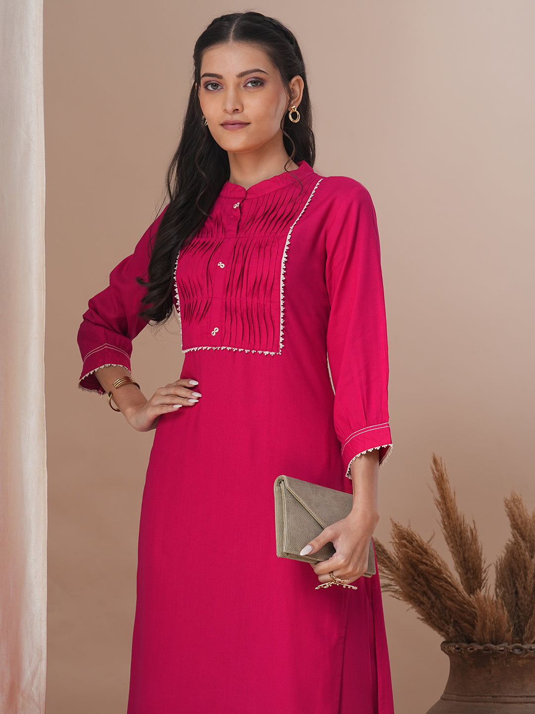 Solid Pin Tucked Straight Fit Co-ord Set - Pink