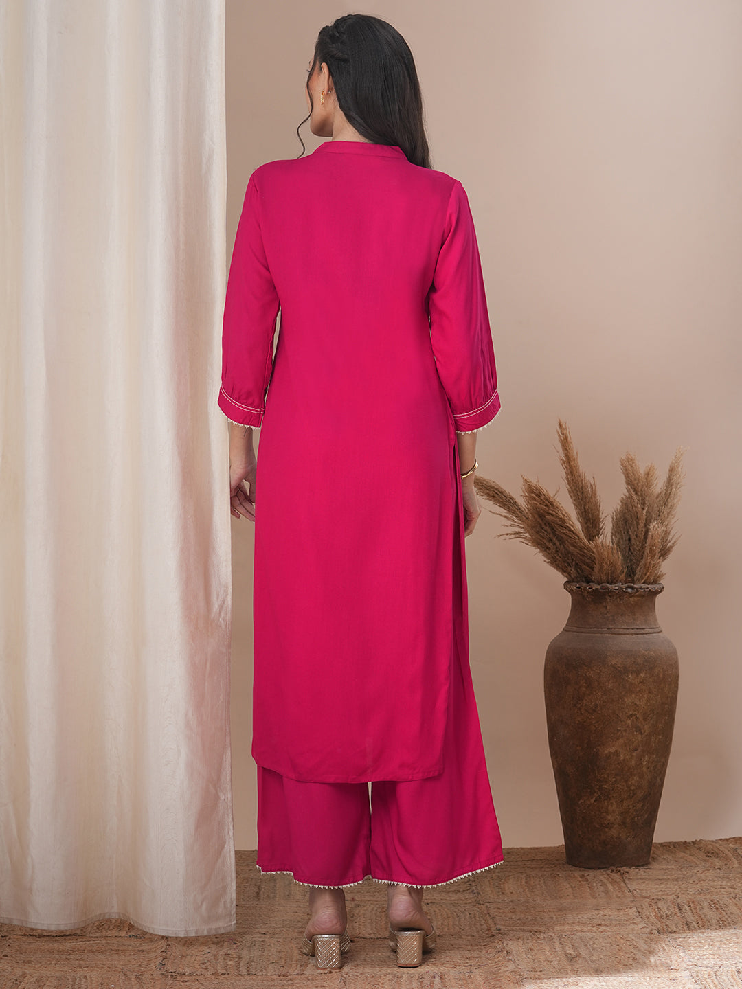 Solid Pin Tucked Straight Fit Co-ord Set - Pink