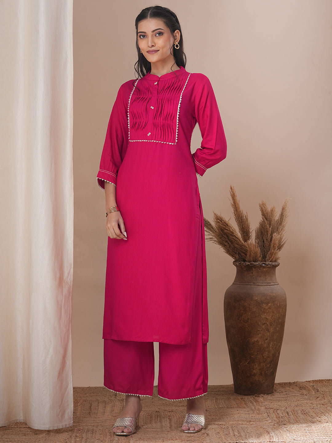 Solid Pin Tucked Straight Fit Co-ord Set - Pink