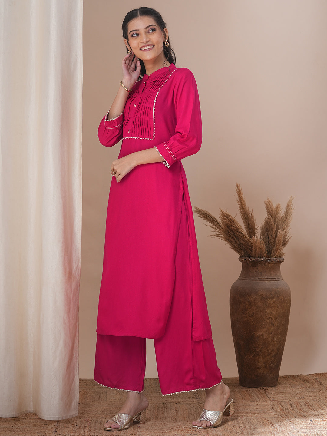 Solid Pin Tucked Straight Fit Co-ord Set - Pink
