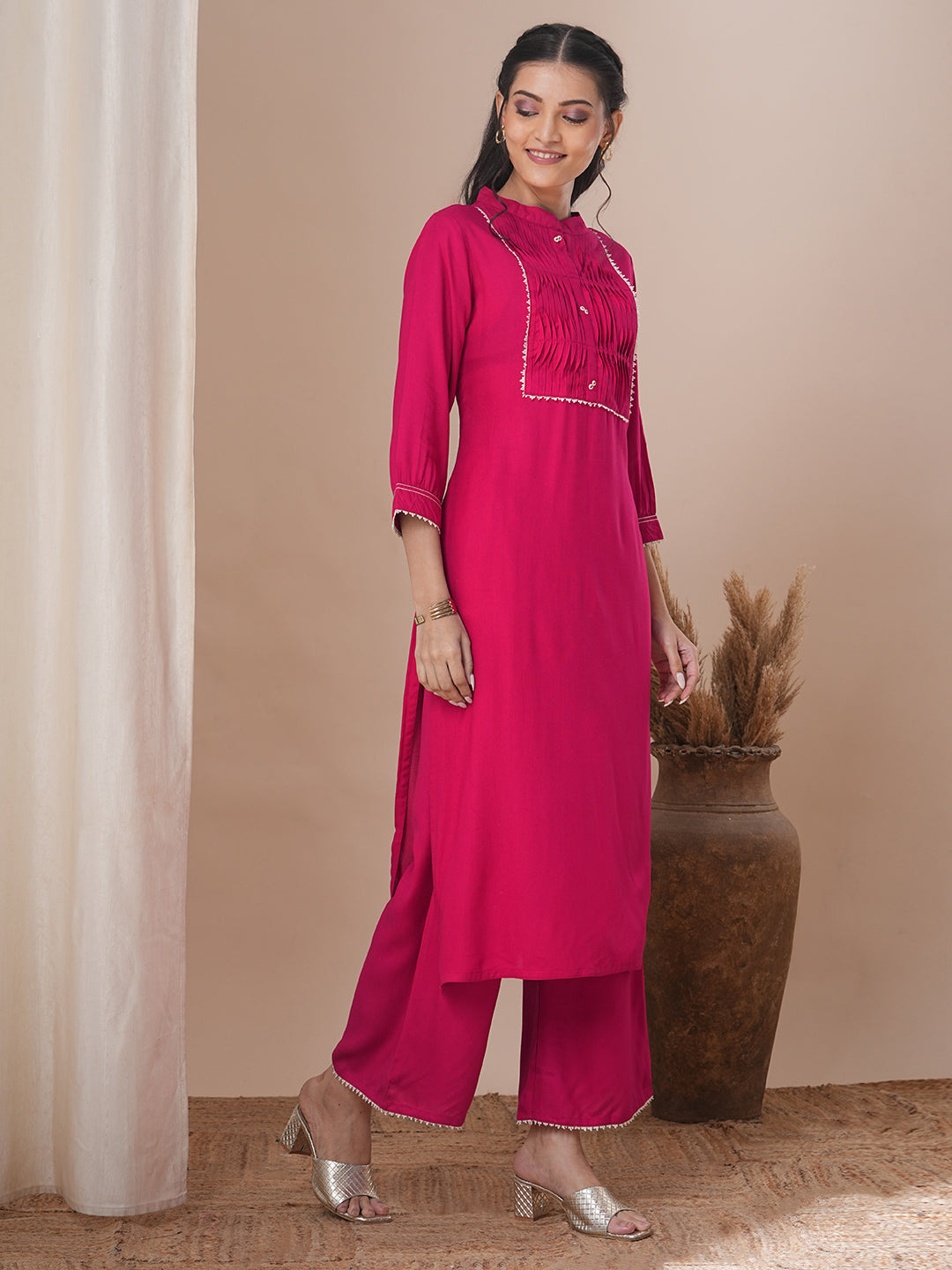 Solid Pin Tucked Straight Fit Co-ord Set - Pink