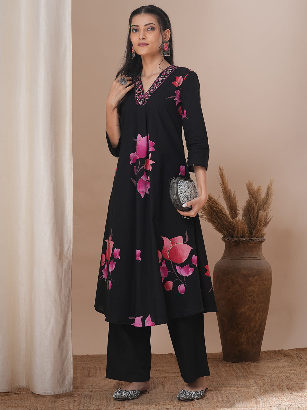 Lotus Printed & Embroidered A-Line Kurta with Palazzo - Black