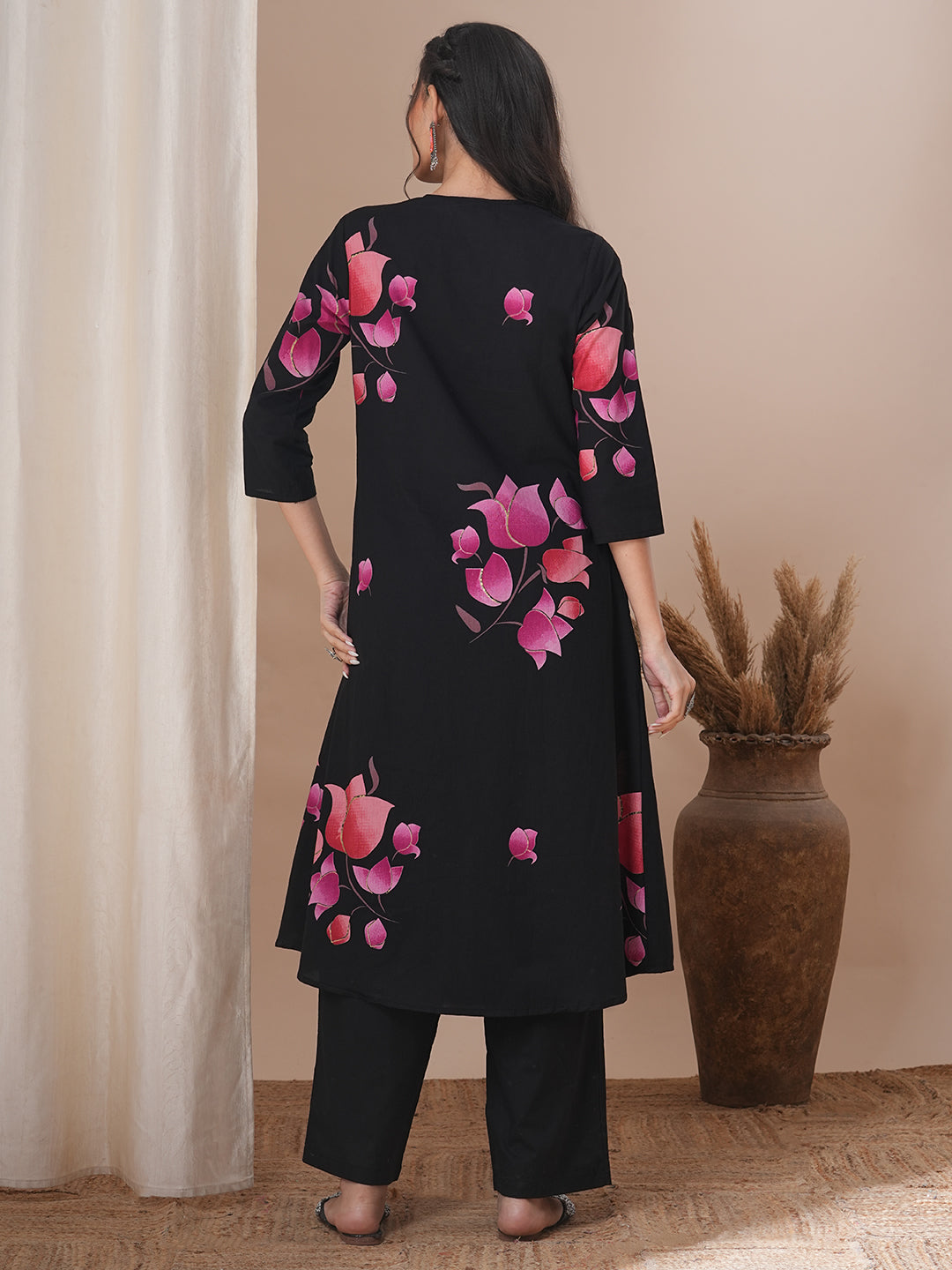Lotus Printed & Embroidered A-Line Kurta with Palazzo - Black