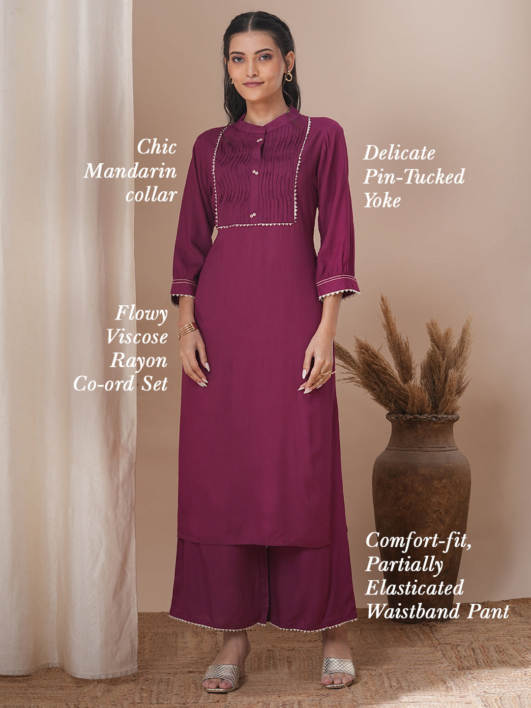 Solid Pin Tucked Straight Fit Co-ord Set - Burgundy