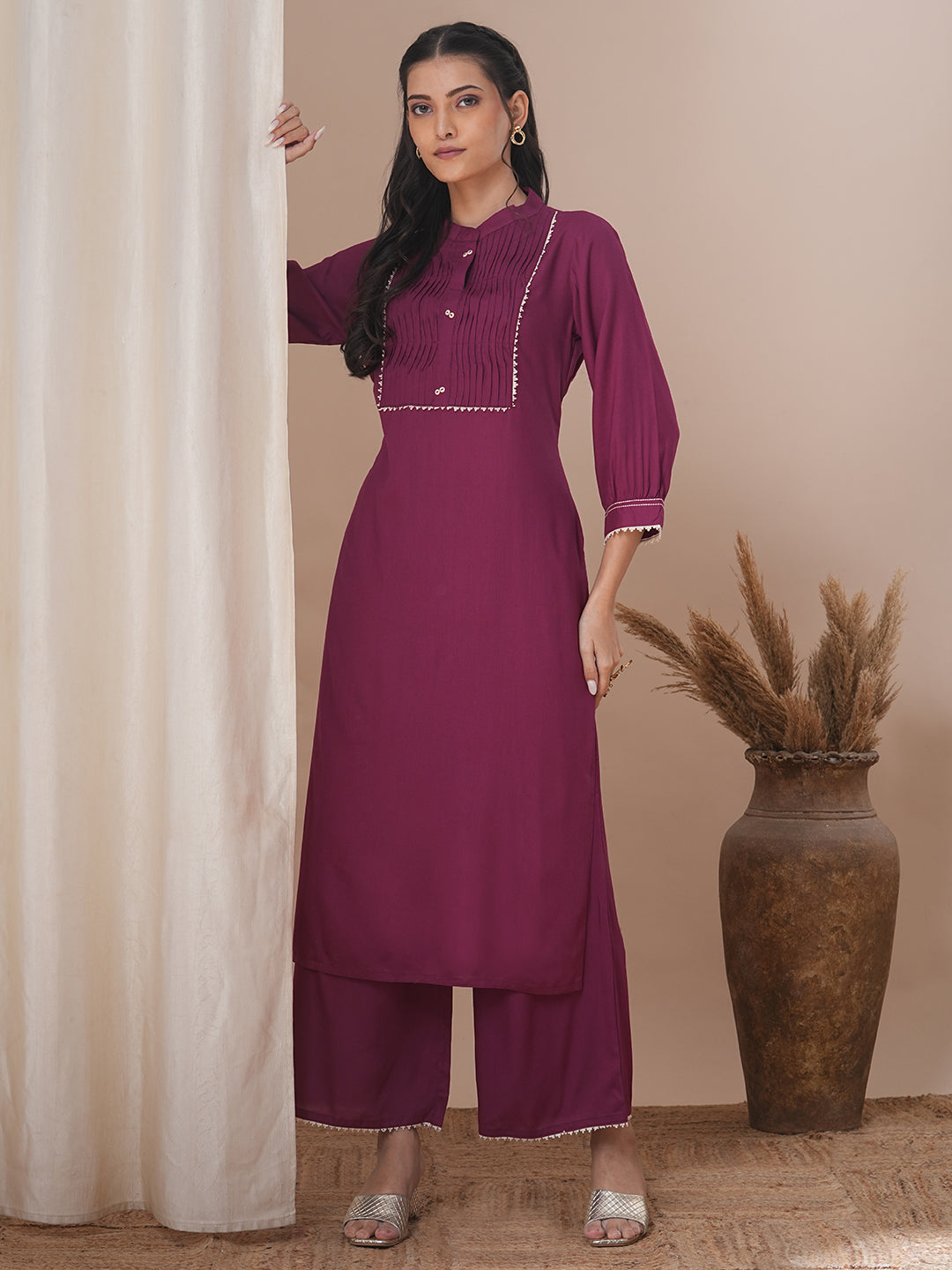 Solid Pin Tucked Straight Fit Co-ord Set - Burgundy