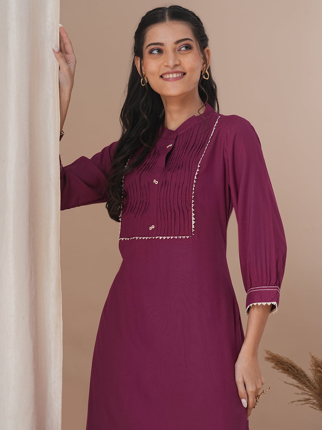 Solid Pin Tucked Straight Fit Co-ord Set - Burgundy