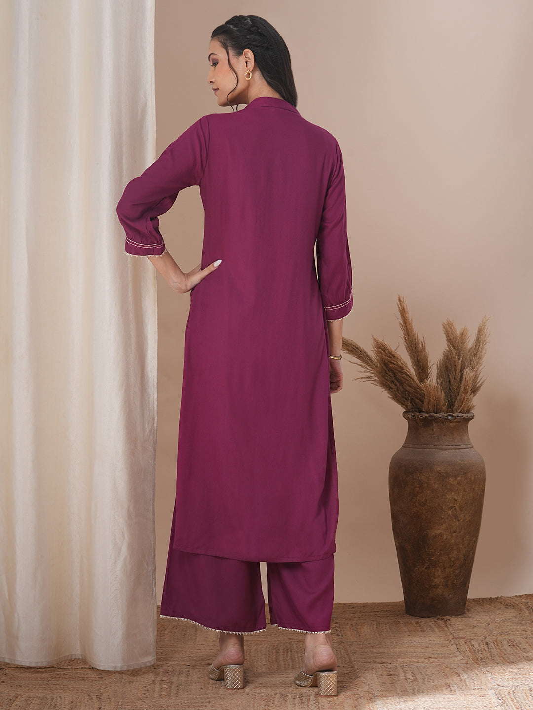 Solid Pin Tucked Straight Fit Co-ord Set - Burgundy