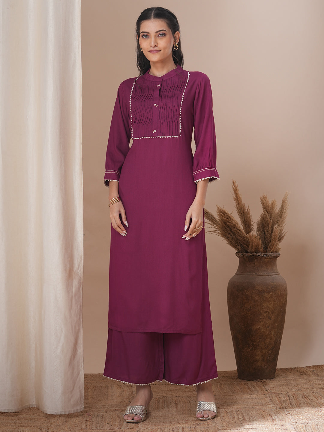 Solid Pin Tucked Straight Fit Co-ord Set - Burgundy
