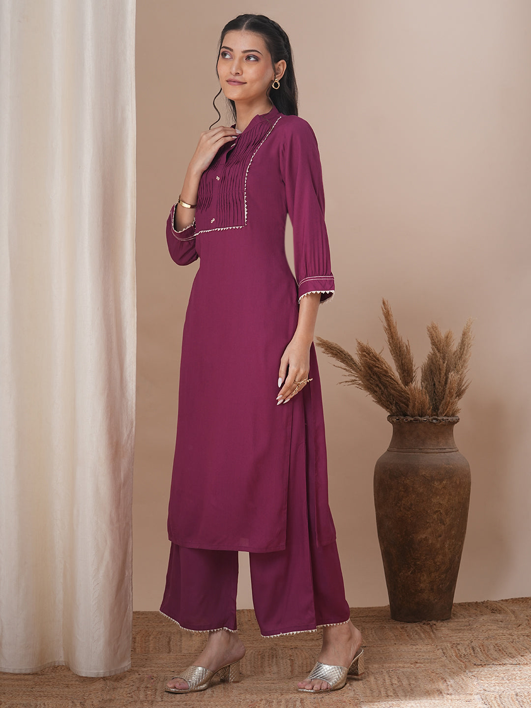 Solid Pin Tucked Straight Fit Co-ord Set - Burgundy