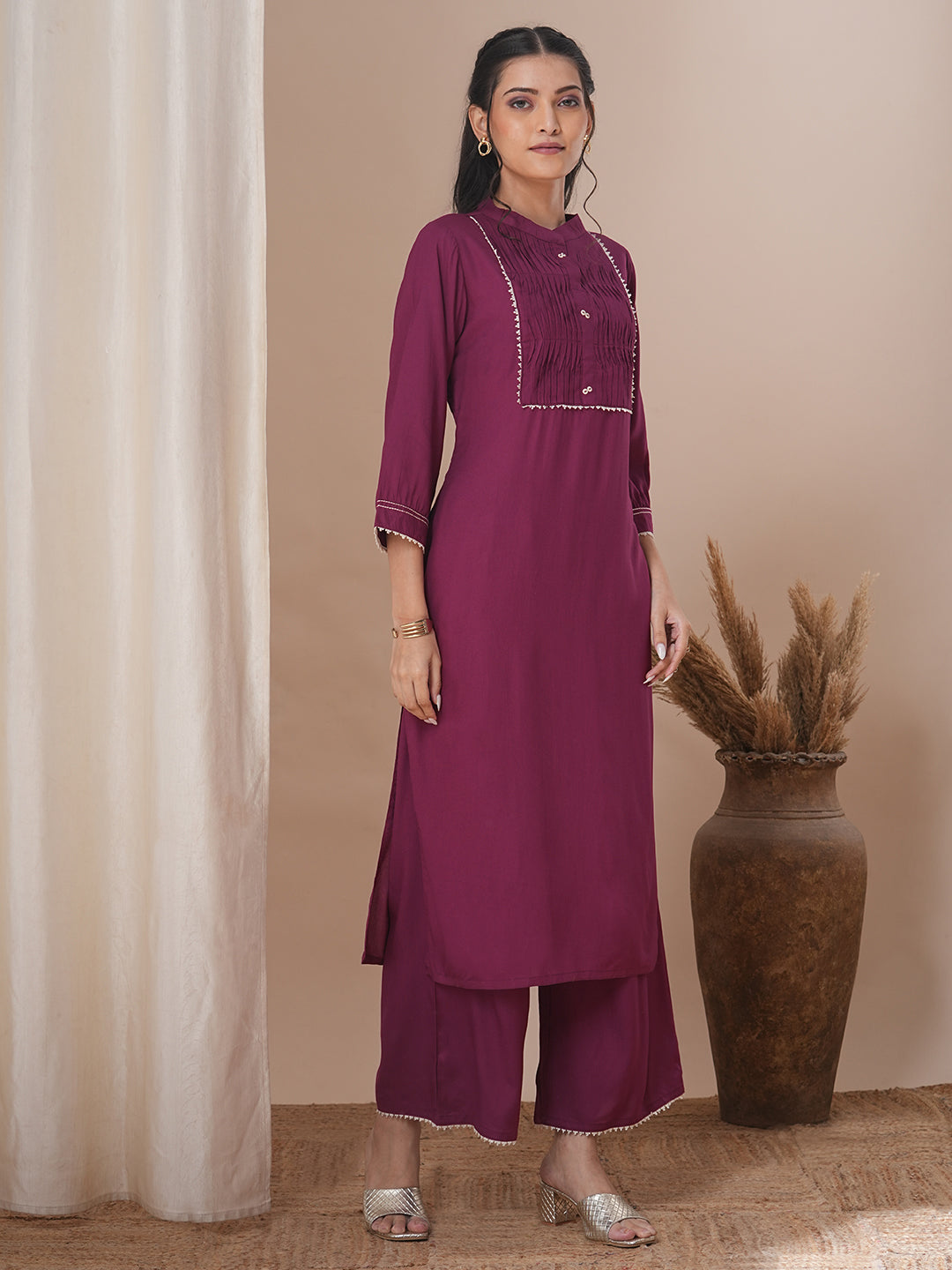 Solid Pin Tucked Straight Fit Co-ord Set - Burgundy