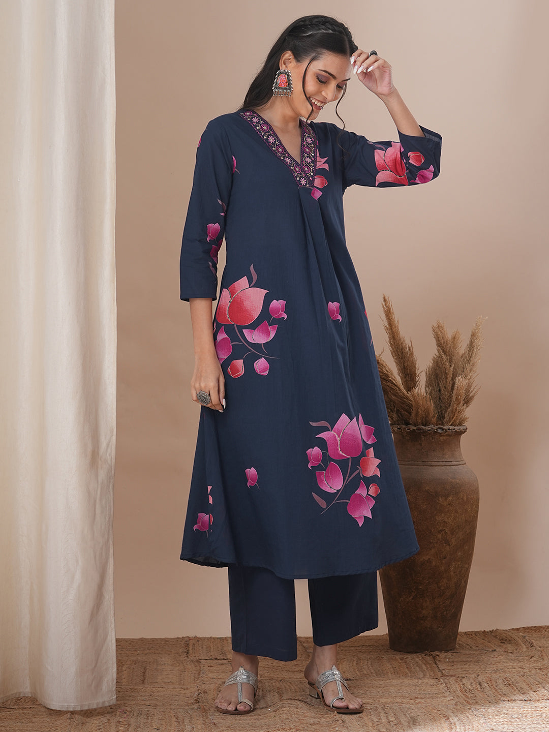 Ethnic Lotus Printed & Embroidered A-Line Kurta with Palazzo - Blue