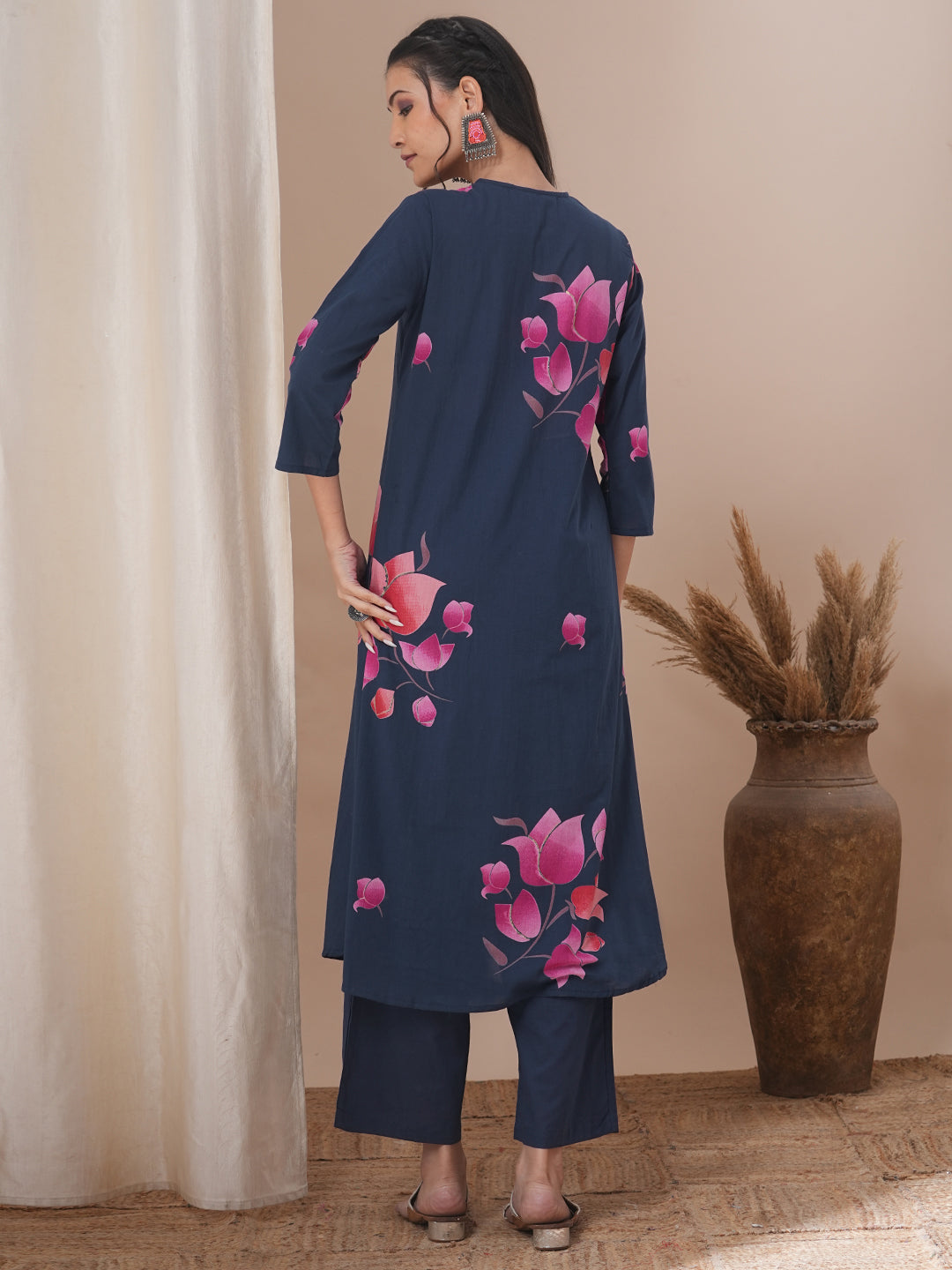 Ethnic Lotus Printed & Embroidered A-Line Kurta with Palazzo - Blue