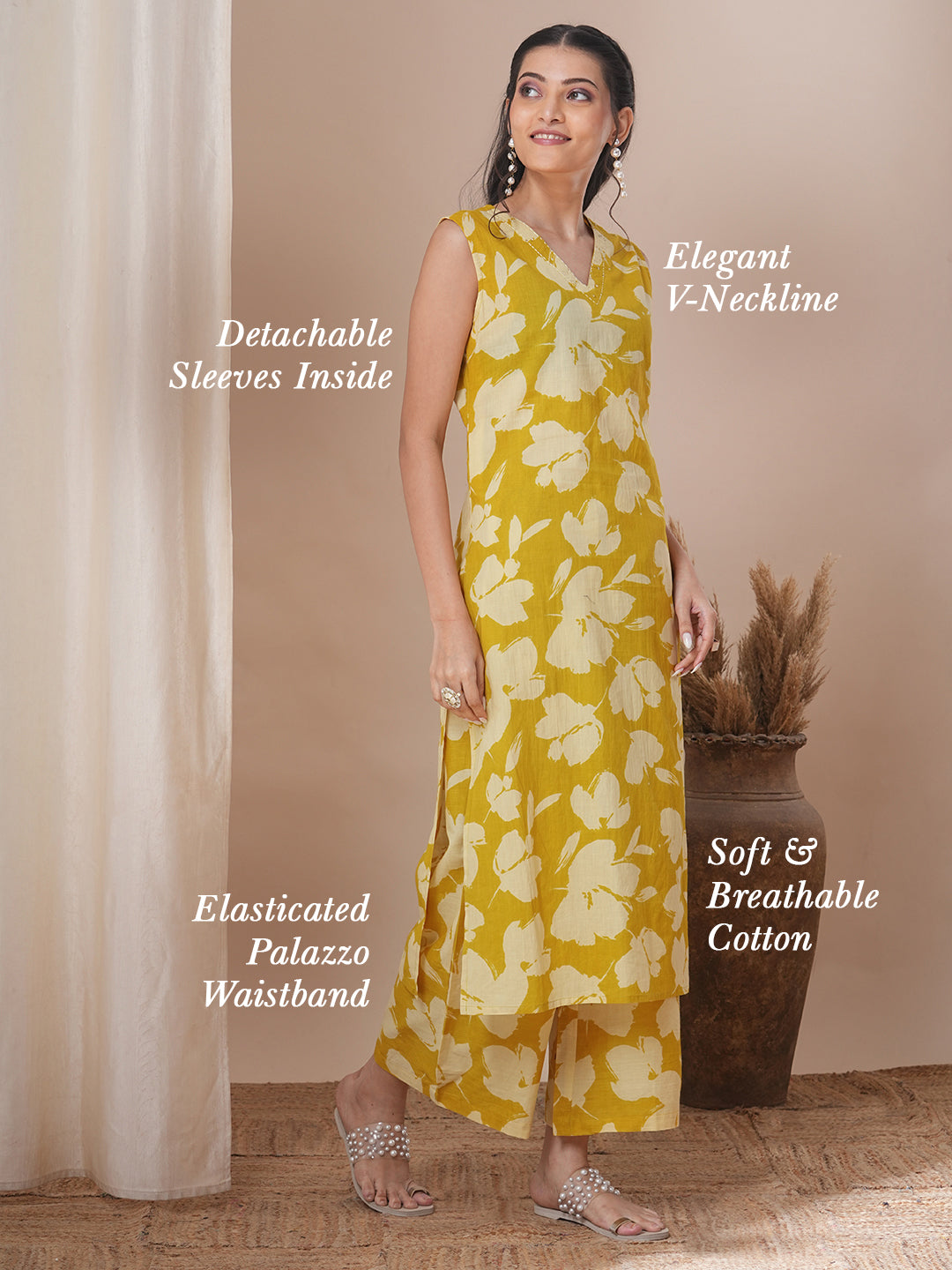 Abstract Floral Printed Straight Fit Co-ord Set - Yellow