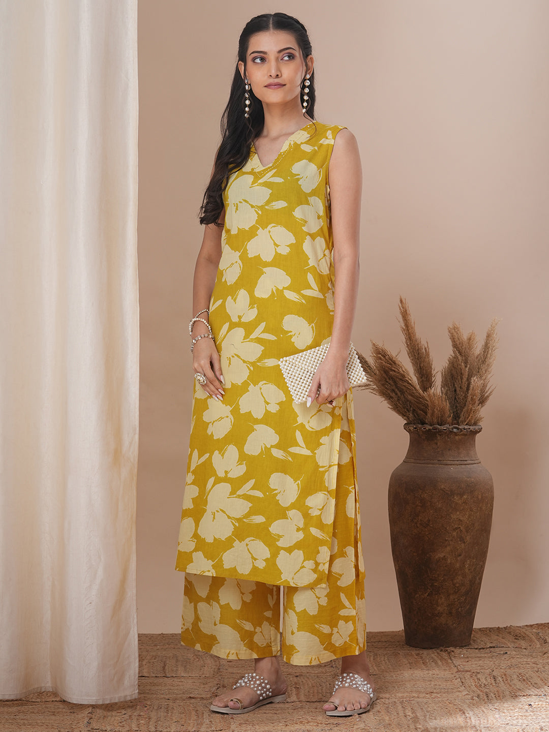 Abstract Floral Printed Straight Fit Co-ord Set - Yellow