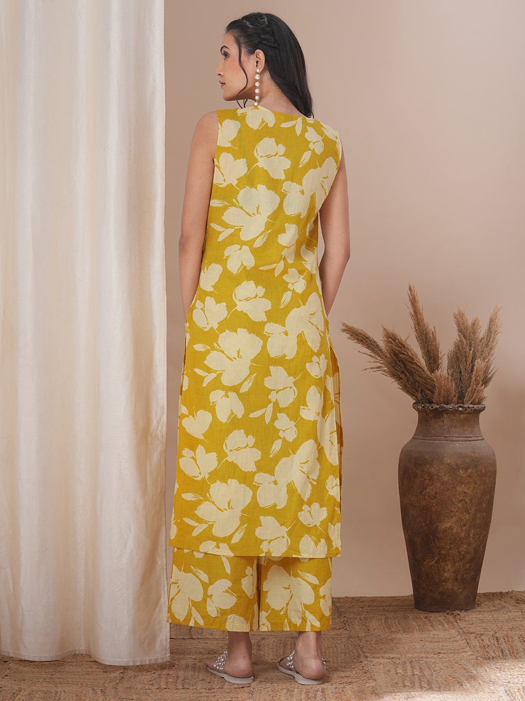 Abstract Floral Printed Straight Fit Co-ord Set - Yellow