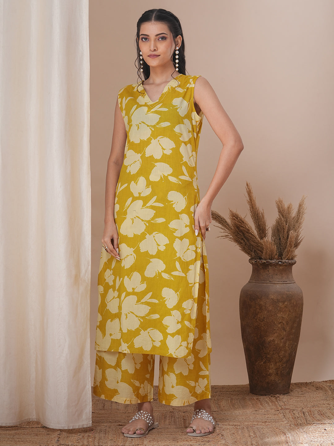Abstract Floral Printed Straight Fit Co-ord Set - Yellow