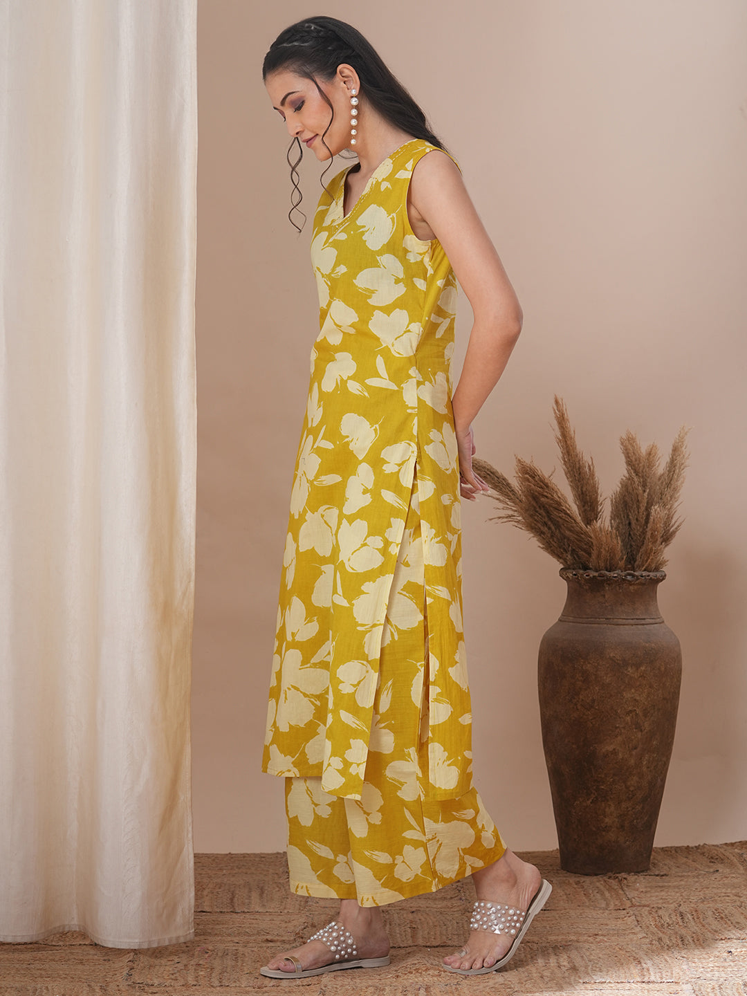Abstract Floral Printed Straight Fit Co-ord Set - Yellow