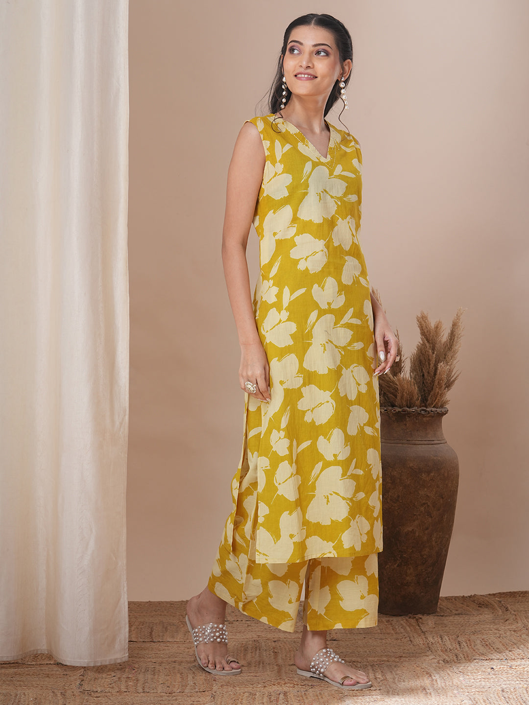 Abstract Floral Printed Straight Fit Co-ord Set - Yellow