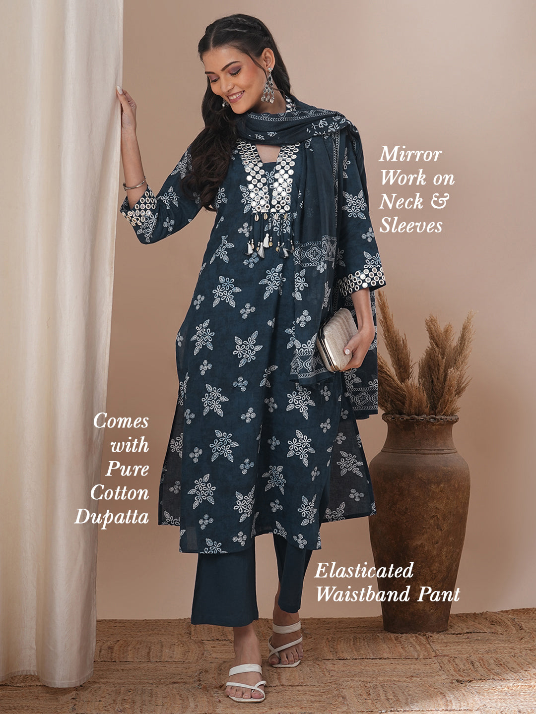 Floral Printed & Embroidered Straight Kurta with Pant & Dupatta - Blue