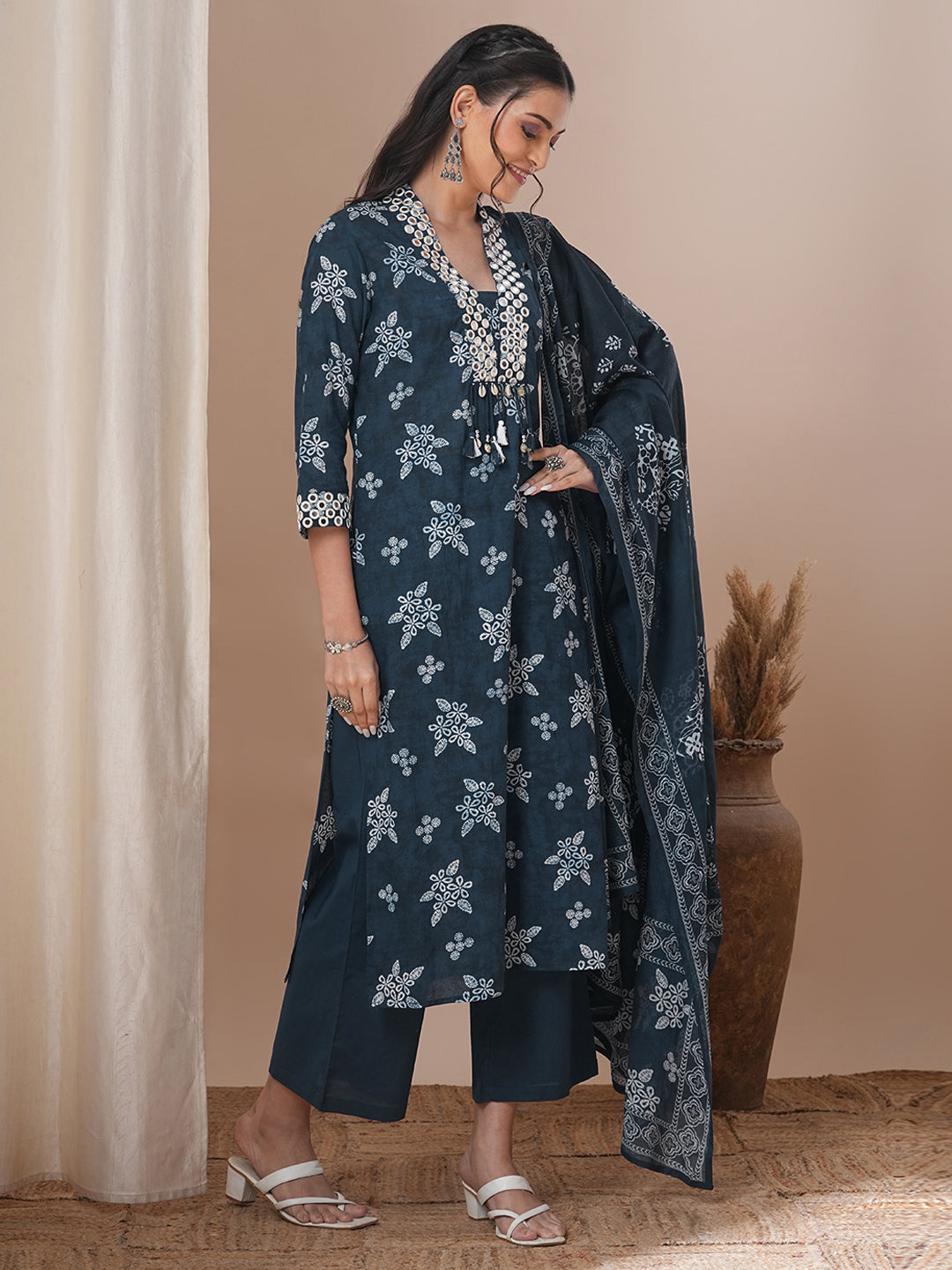 Floral Printed & Embroidered Straight Kurta with Pant & Dupatta - Blue