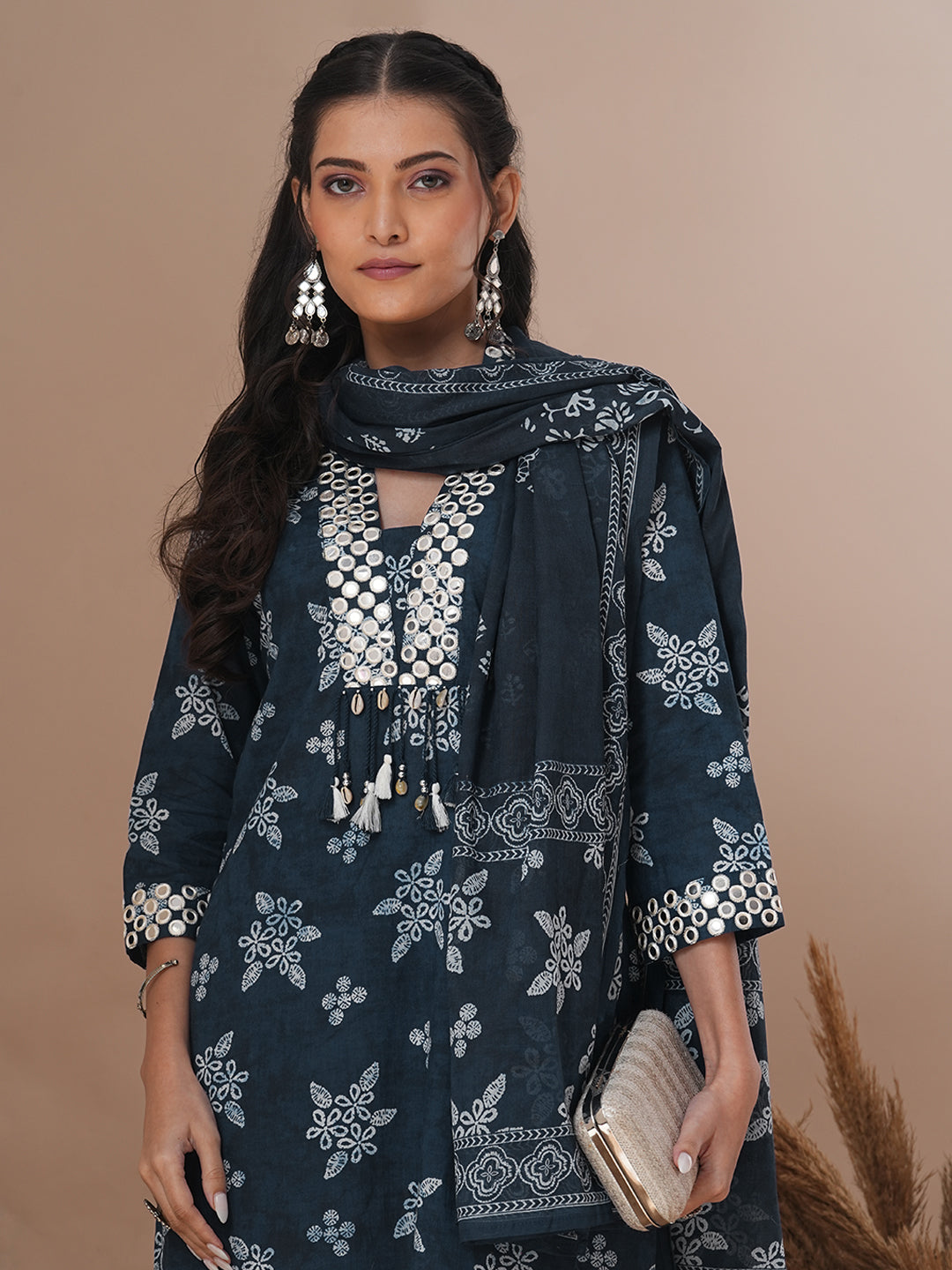 Floral Printed & Embroidered Straight Kurta with Pant & Dupatta - Blue