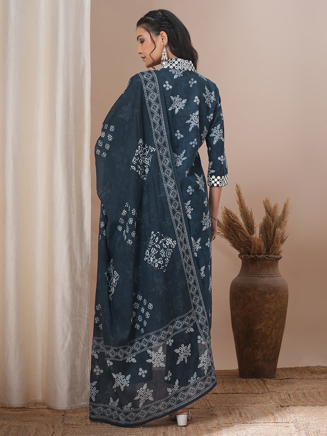 Floral Printed & Embroidered Straight Kurta with Pant & Dupatta - Blue