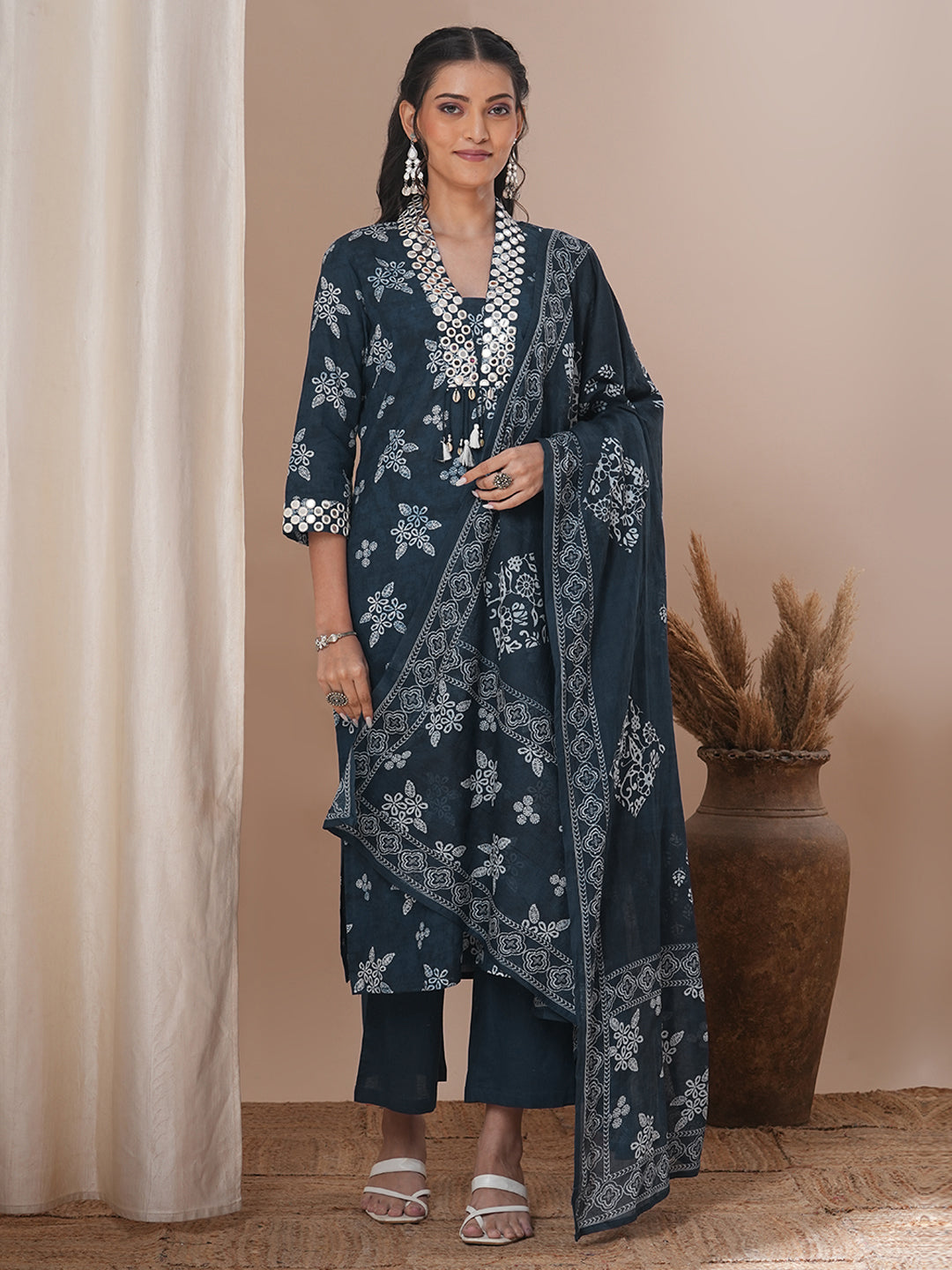 Floral Printed & Embroidered Straight Kurta with Pant & Dupatta - Blue