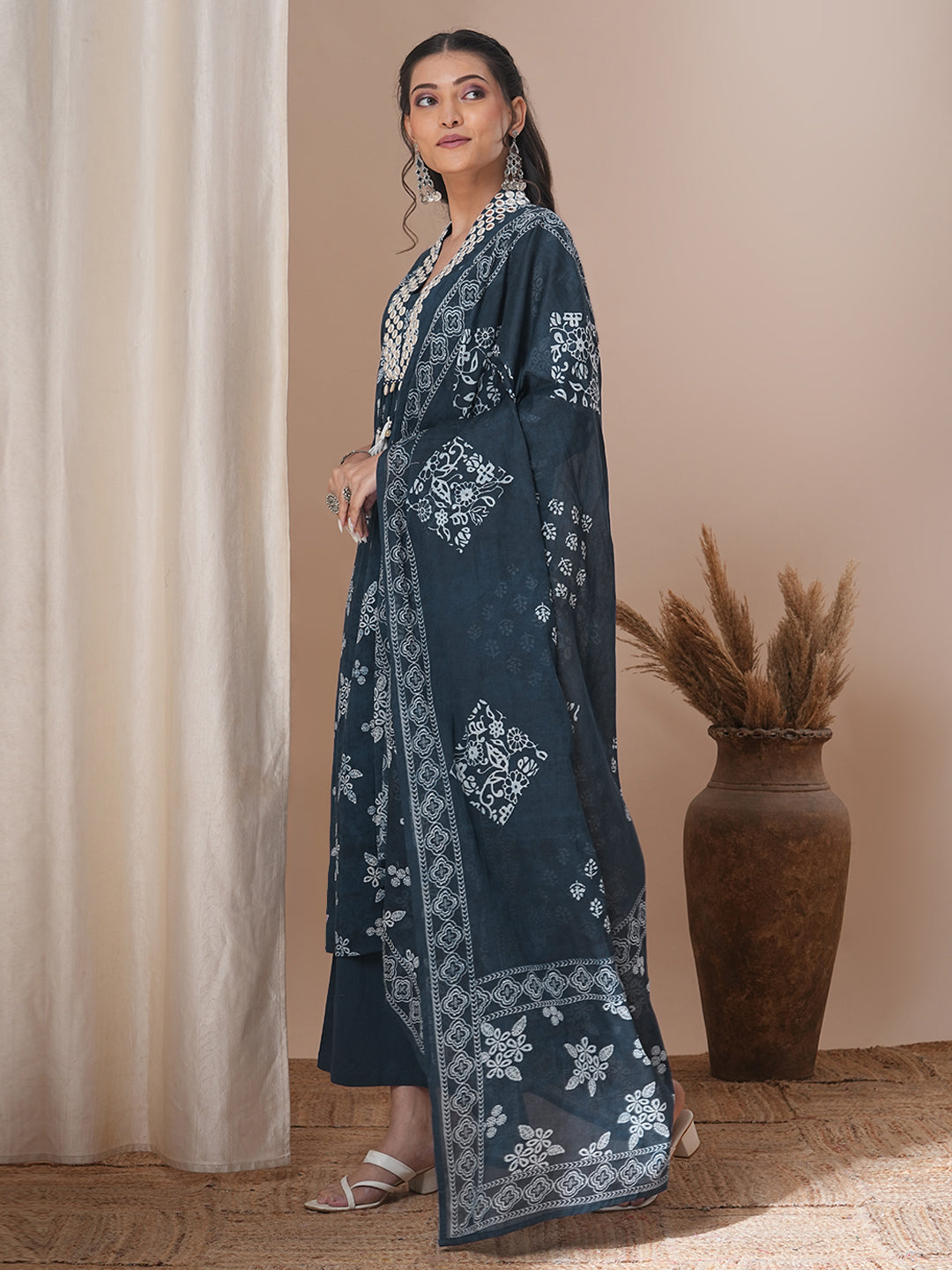 Floral Printed & Embroidered Straight Kurta with Pant & Dupatta - Blue
