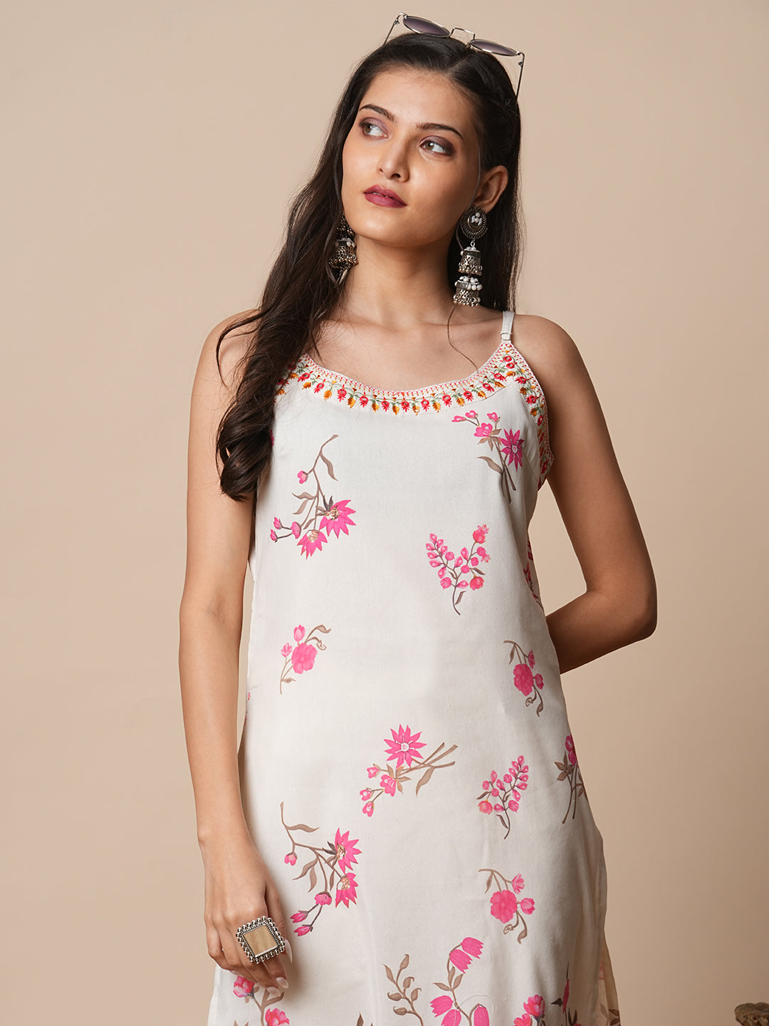 Ethnic Printed & Embroidered Straight Fit Kurta - Off White