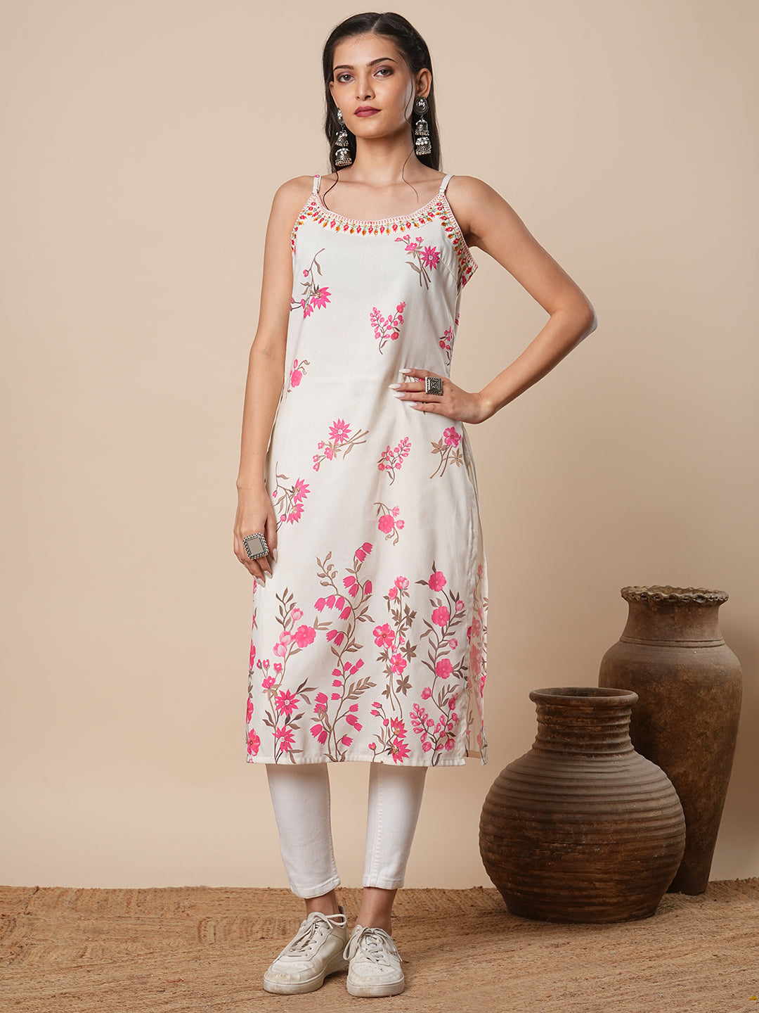 Ethnic Printed & Embroidered Straight Fit Kurta - Off White