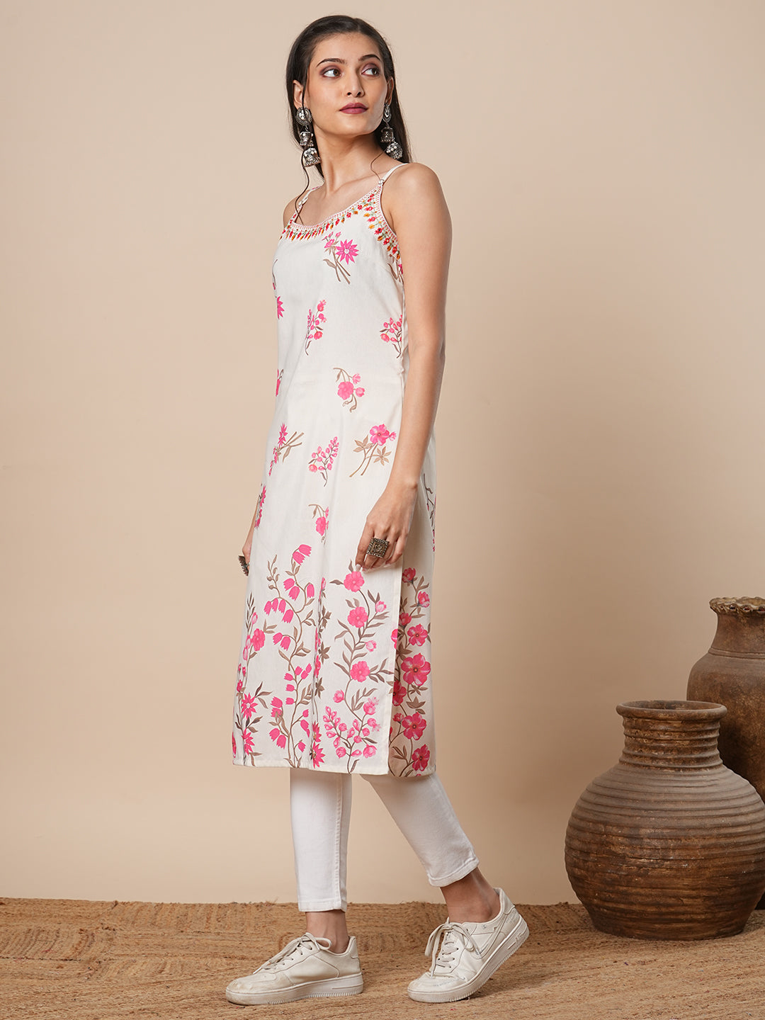 Ethnic Printed & Embroidered Straight Fit Kurta - Off White