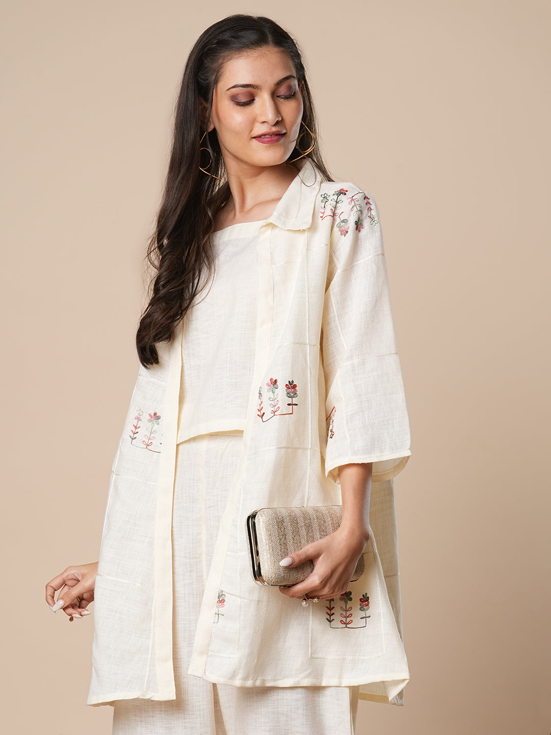 Solid Floral Embroidered A-Line Jacket with Crop Top & Palazzo - Off White