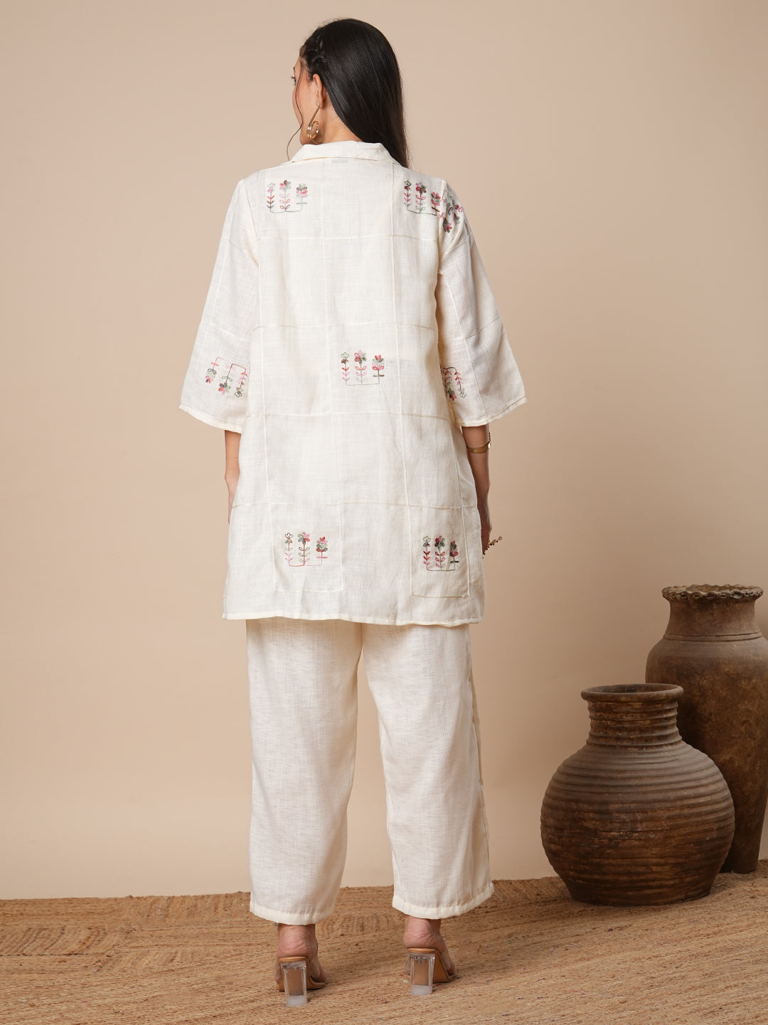 Solid Floral Embroidered A-Line Jacket with Crop Top & Palazzo - Off White