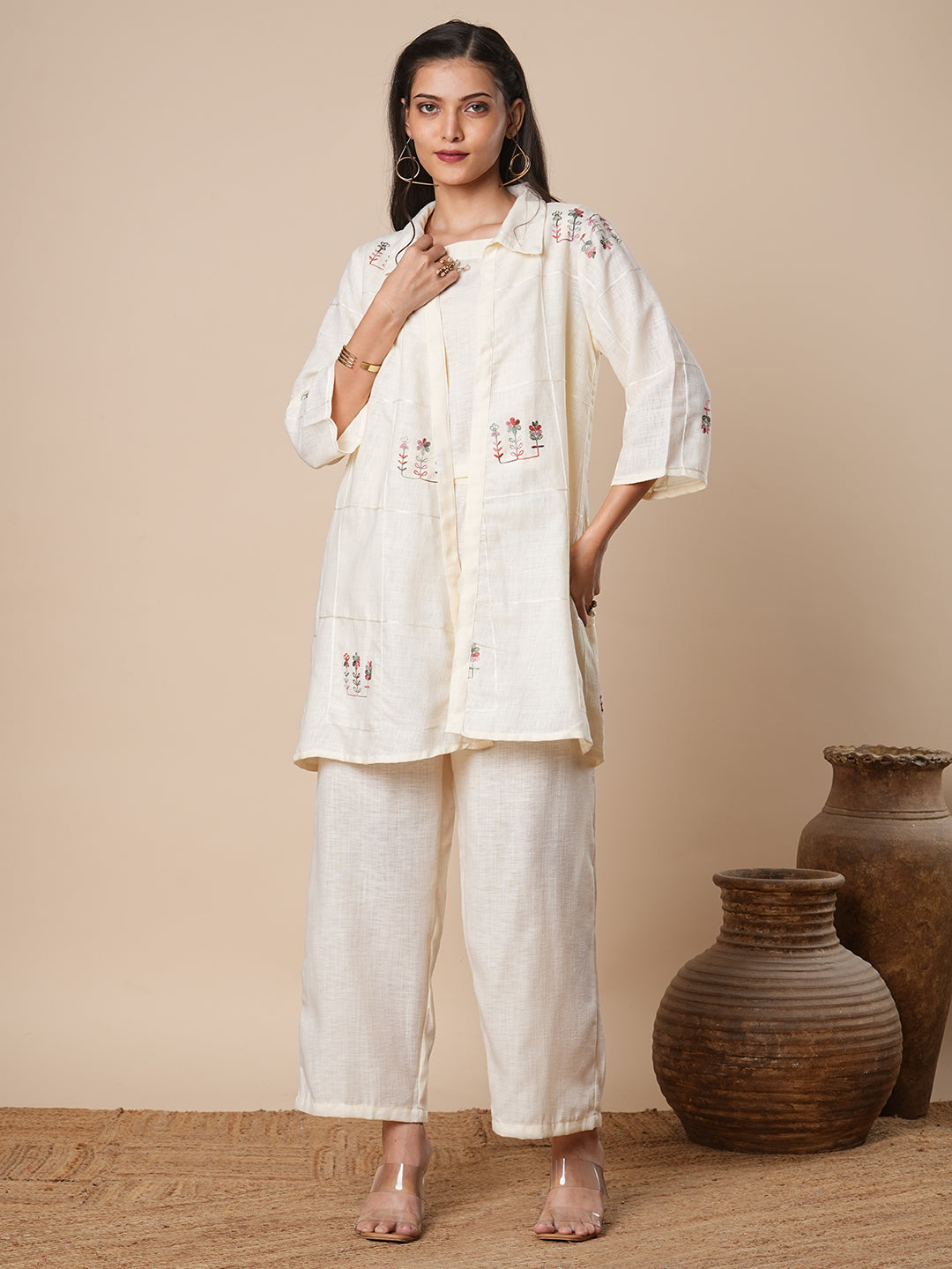 Solid Floral Embroidered A-Line Jacket with Crop Top & Palazzo - Off White